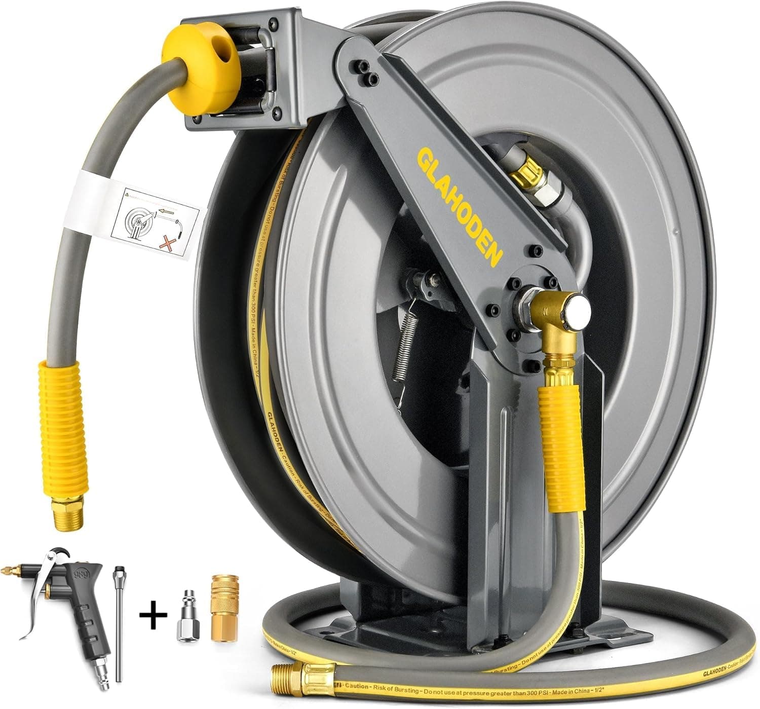 GLAHODEN Double Arm Retractable Air Hose Reel, 3/8 in × 80 ft Hybrid Hose Heavy Duty Steel Professional Air Compressor Hose Reel with 5 ft Lead in Max 300PSI Auto Rewind Quick Coupler Swivel Fitting