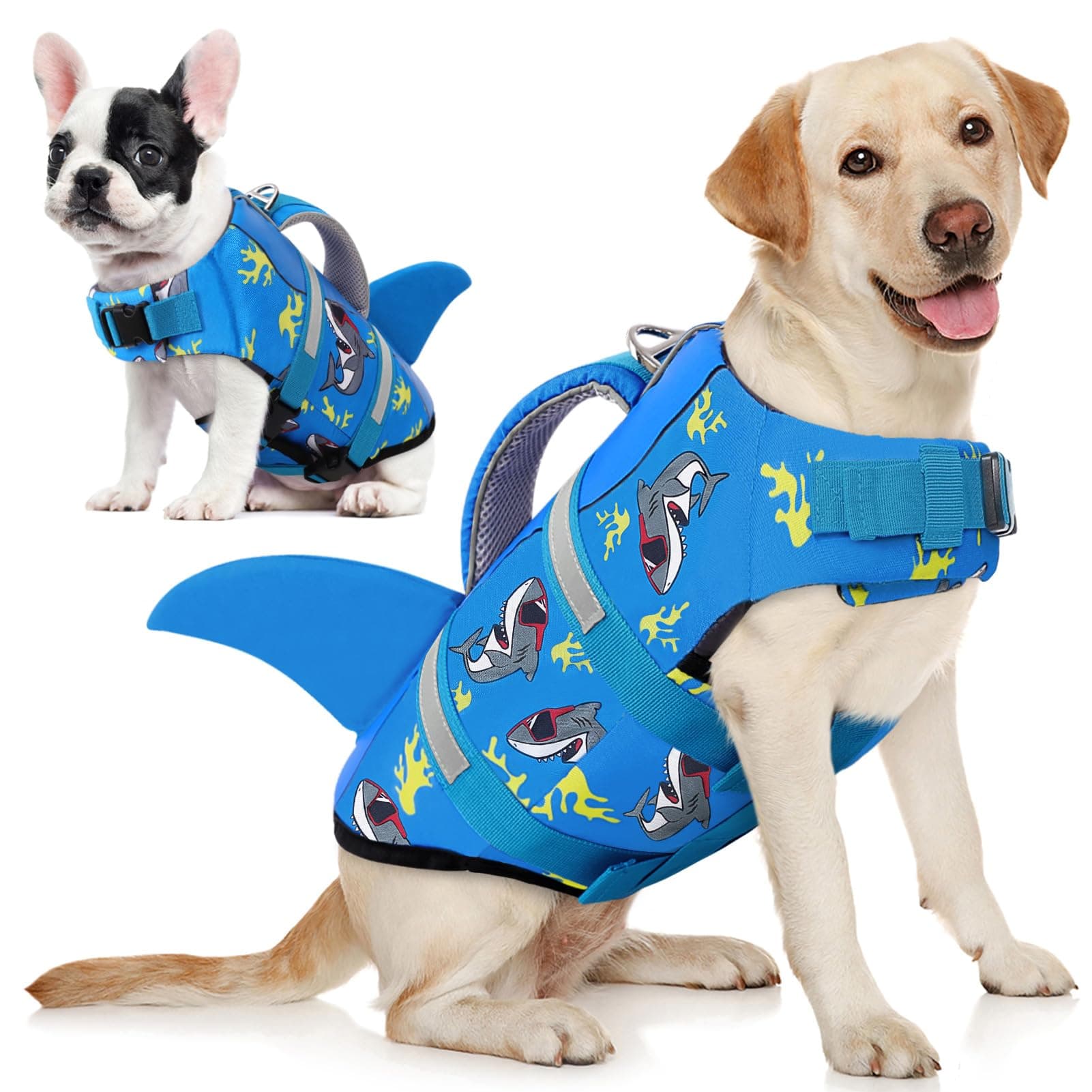 AOFITEE Dog Life Jacket, Shark Dog Life Vest for Swimming Boating, High Flotation Reflective Dogs Swimming Vest Lifesaver with Rescue Handle, Pet Swimsuit for Small Medium Large Dogs,DarkBlue XL