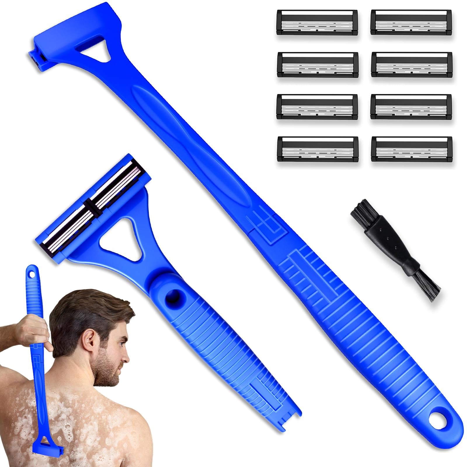 Dexspoeny Back Shaver for Men & Women(DIY), Body Hair Trimmer with Foldable Extra Long Ergonomic Handle, Wet Dry Shaving & Safety Razor Technology with 8 Pcs Ultra Sharp Replaceable Blades (Blue)