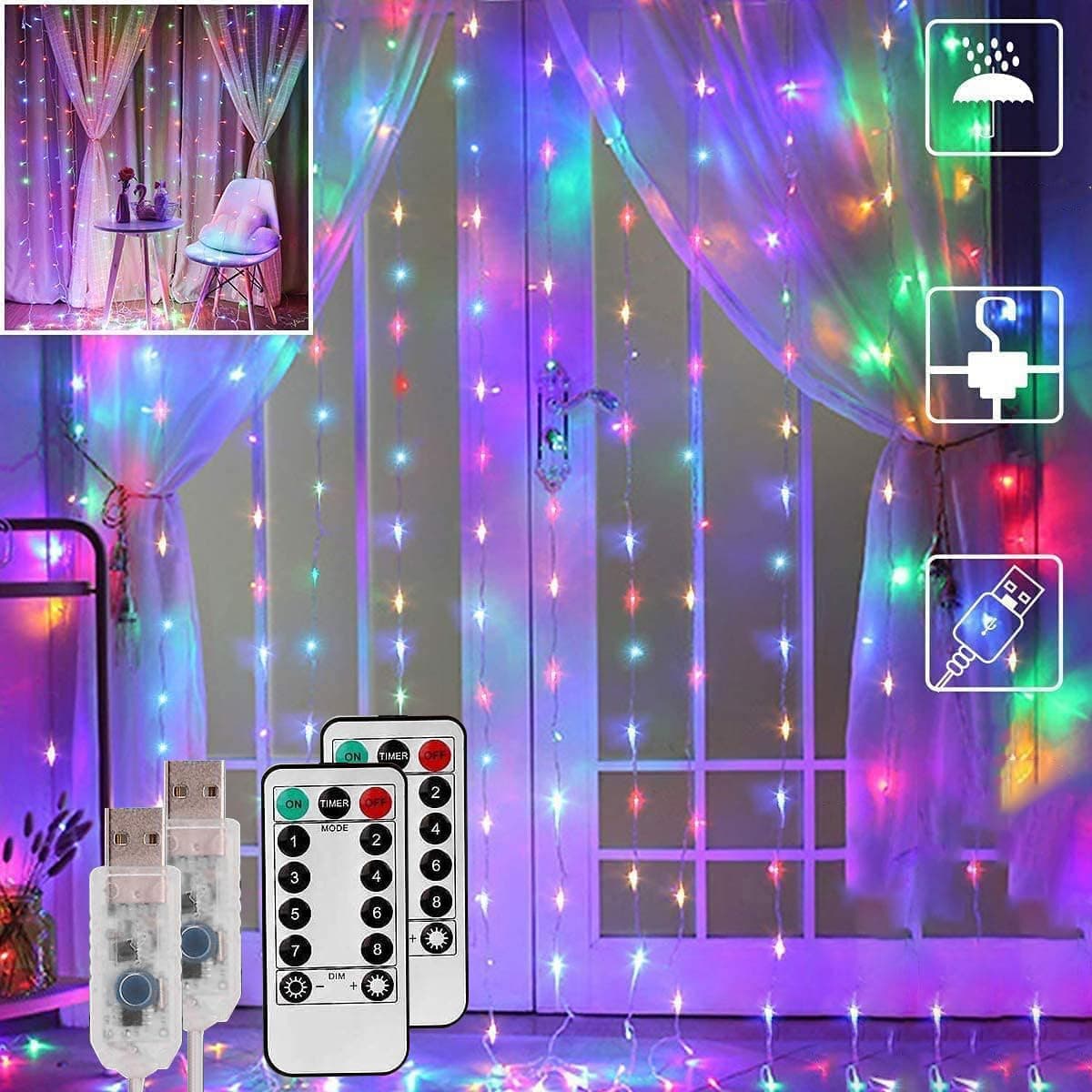 【2 Pack】 Curtain Lights, Fairy Lights for Bedroom, 300 LEDs Multicolor Twinkle Lights with 8 Modes USB Operated, LED String Lights with Remotefor Indoor Xmas Party Home Patio Decoration(9.8 x 9.8 Ft)