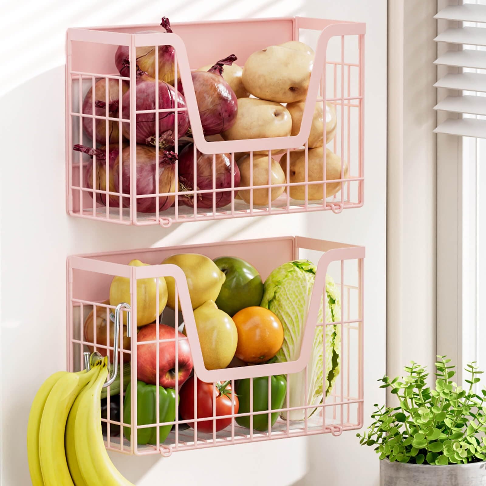 YIWANFW Pink Magnetic Shelf for Fridge, 2 Set Magnetic Fruit Baskets for Refrigerator Magnet Shelves, Potato and Onion Storage Bins, Magnet Holder Wire Basket for Laundry Room Pantry Kitchen Organizer