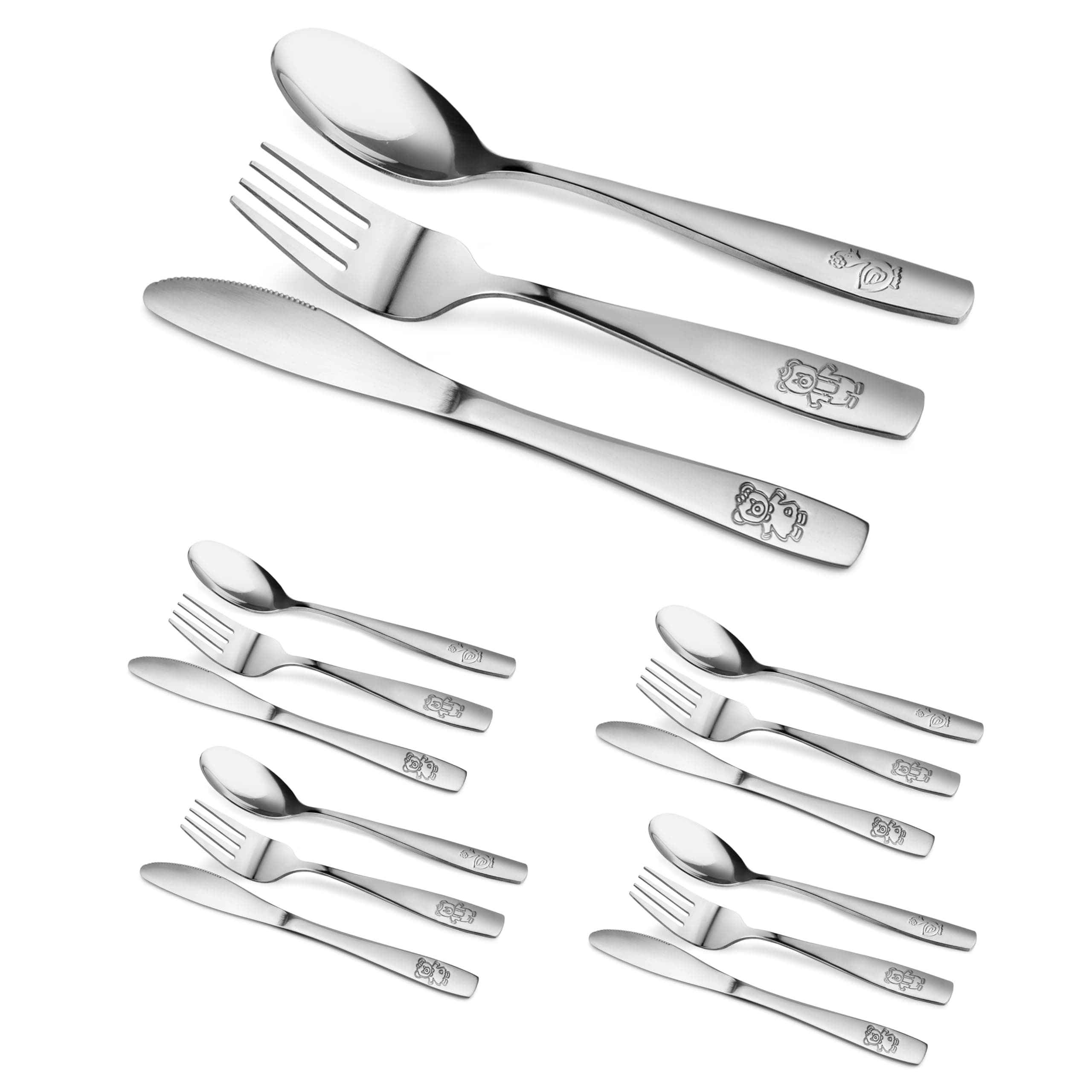15 Piece Stainless Steel Kids Cutlery, Child Safe Flatware, Kids Silverware, Toddler Utensil Set Includes 5 Knives, 5 Forks, 5 Spoons, Total of 5 Place Settings, Ideal for Home and Preschools