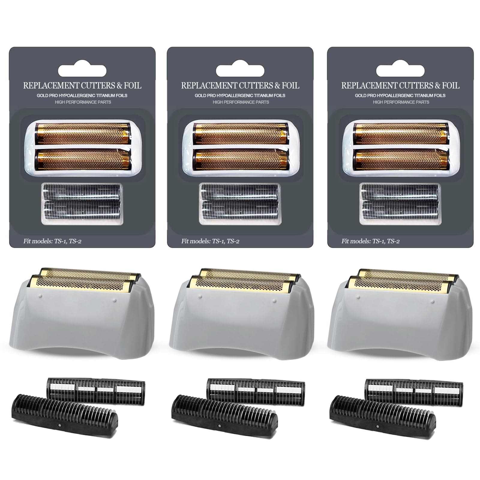 OXSITO 3Pack Gold Pro Foil and Cutters Replacement for Andis TS-1, TS-2 (17150/17155/17200) Shavers. (Foil Replacement x3, inner cutters x6)