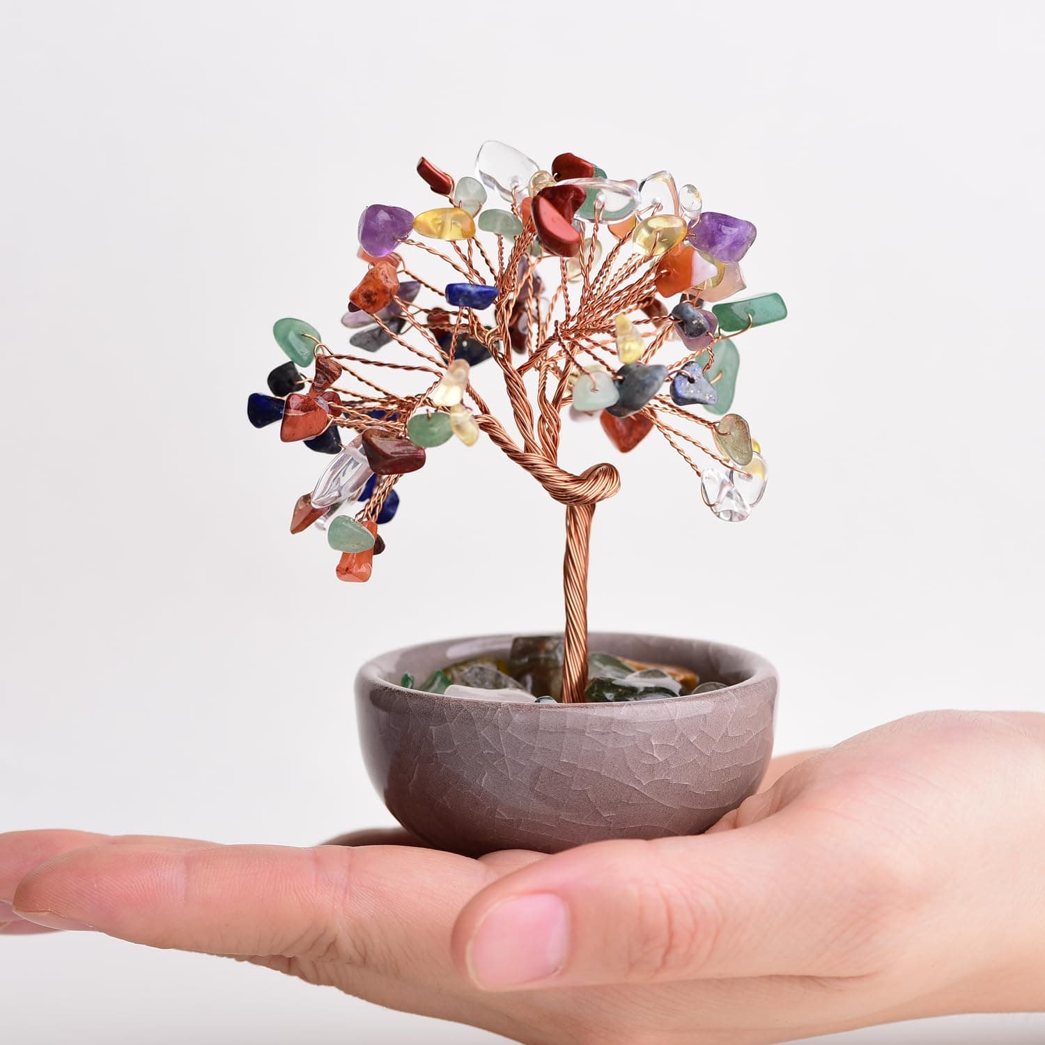 QIQIXIN Crystal Tree of Life 7 Chakra Healing Crystal Trees for Home Decor with Ceramic Base Handmade Stone Feng Shui Bonsai Money Trees for Women Birthday Gifts (Seven Chakra)