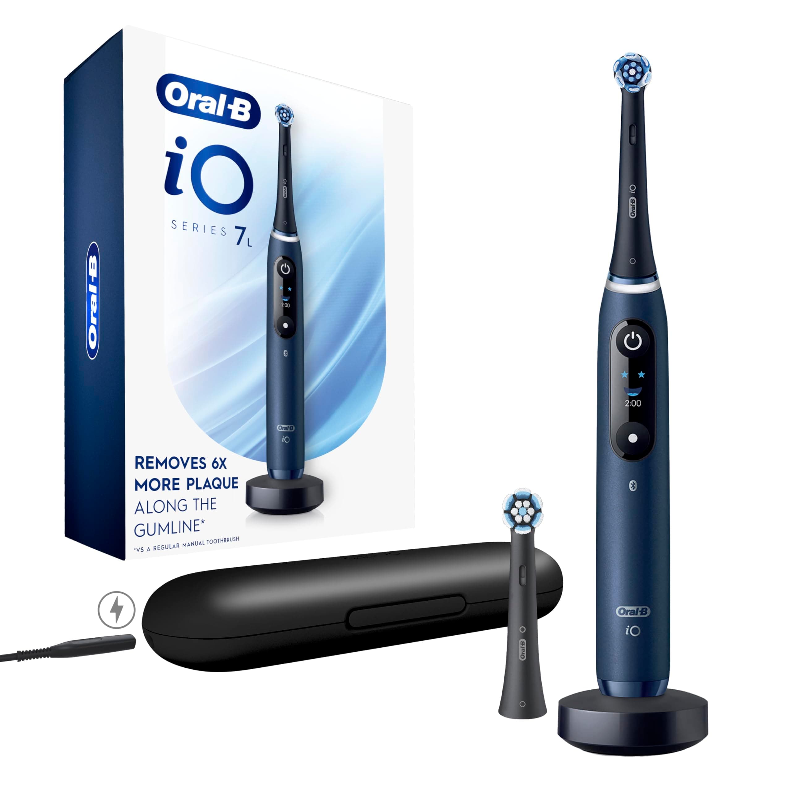 Oral-B Rechargeable Electric Toothbrush, iO7 Limited Deep Clean + Protect, 5 Cleaning Modes, Interactive Display, Visible Pressure Sensor, 2 Brush Heads, Charging Travel Case, Sapphire Blue