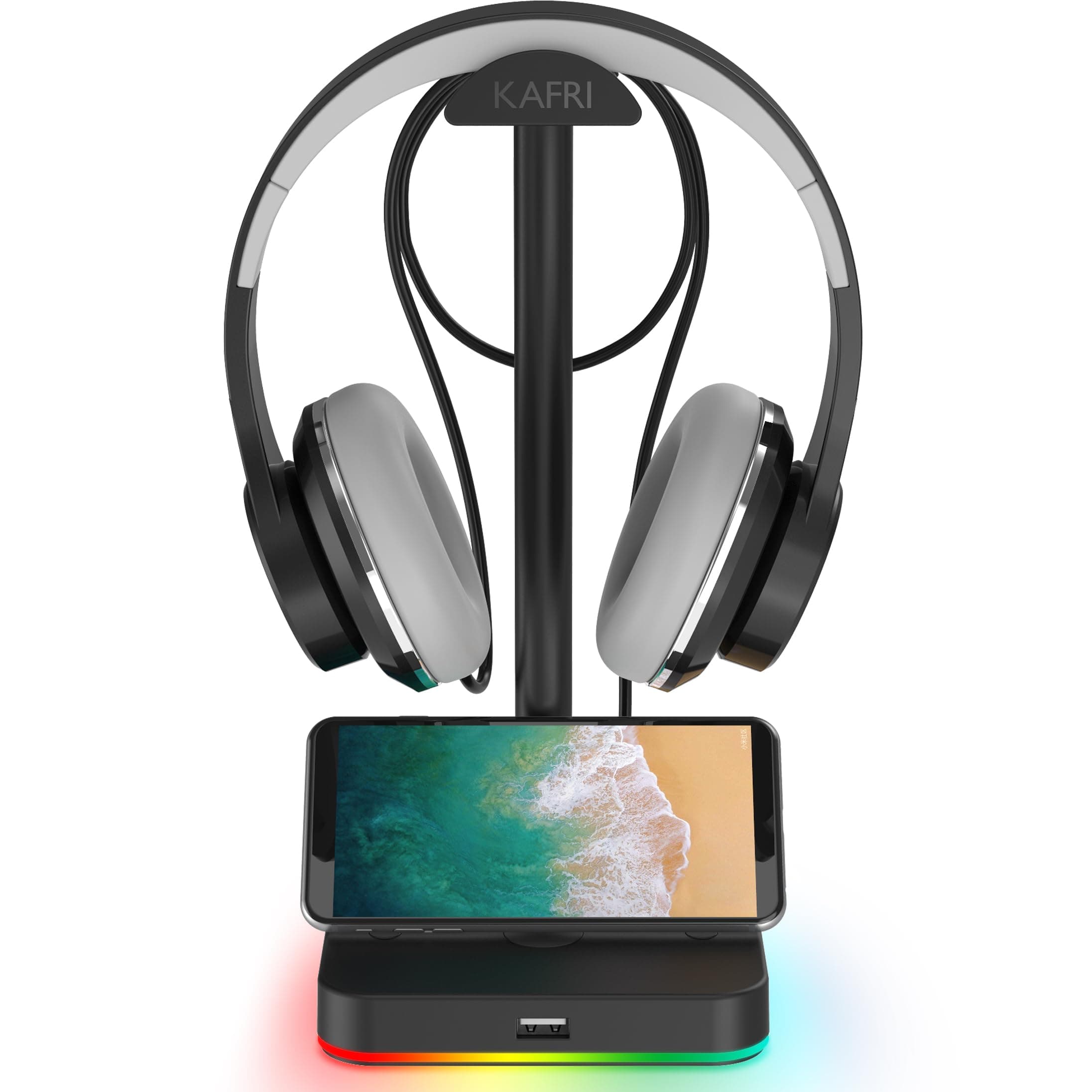RGB Headphone Stand with USB Hub, KAFRI Desk Gaming Headset Holder Hanger Rack with 1 USB2.0 Extension Charging Port Cord - Suitable for Gamer Desktop Table Game Earphone Accessories