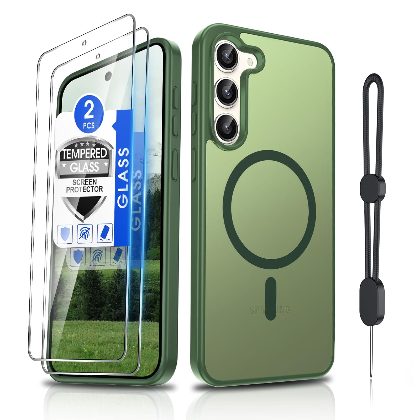 Dizn Compatible for Samsung Galaxy S23 Plus Case: [Mag-Safe Fit] with Tempered Glass Screen Protector, Matte Translucent Soft-Touch Skin & Full Body Protection Phone S23 Plus Cover,Green