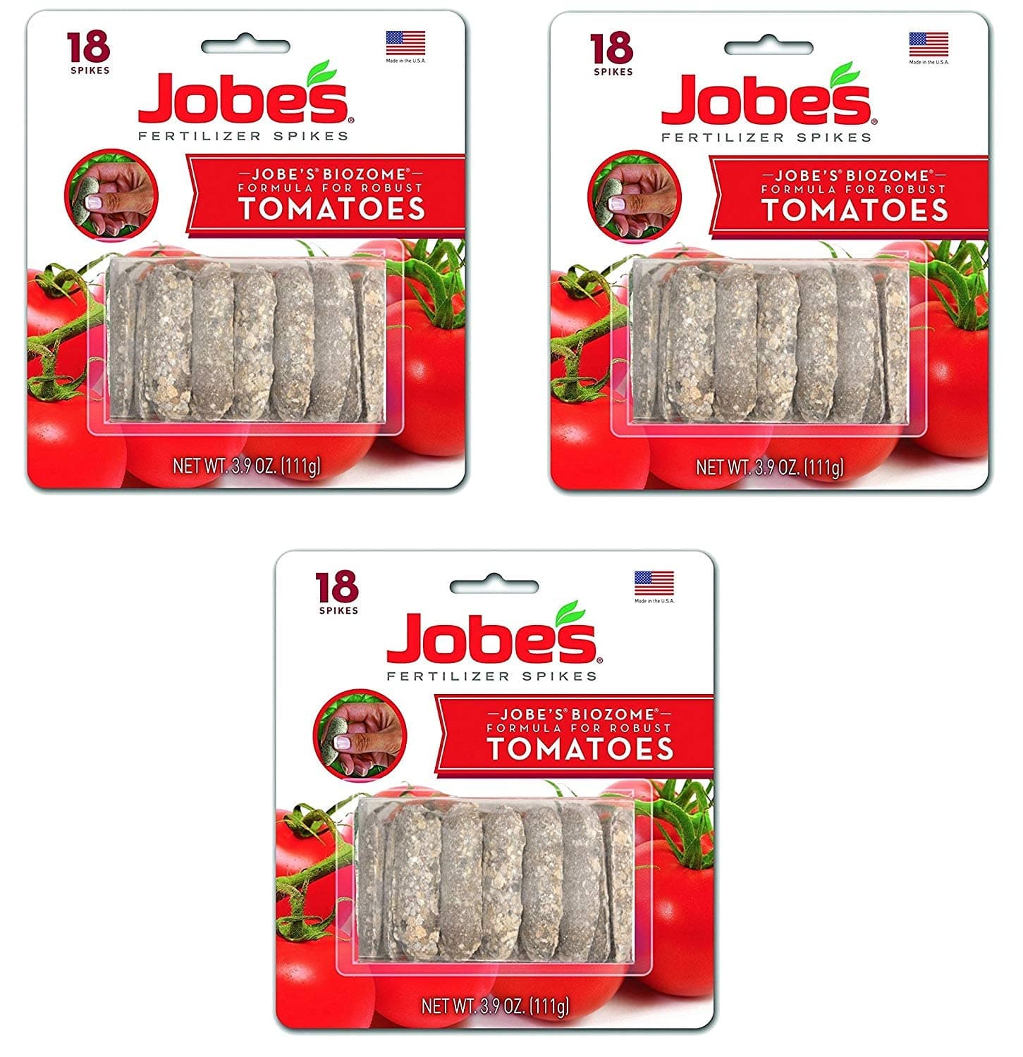 Jobe's Tomato Fertilizer Spikes, 6-18-6 Time Release Fertilizer for All Tomato Plants, 18 Spikes per Blister Package, 3-Pack, 54 Spikes Total