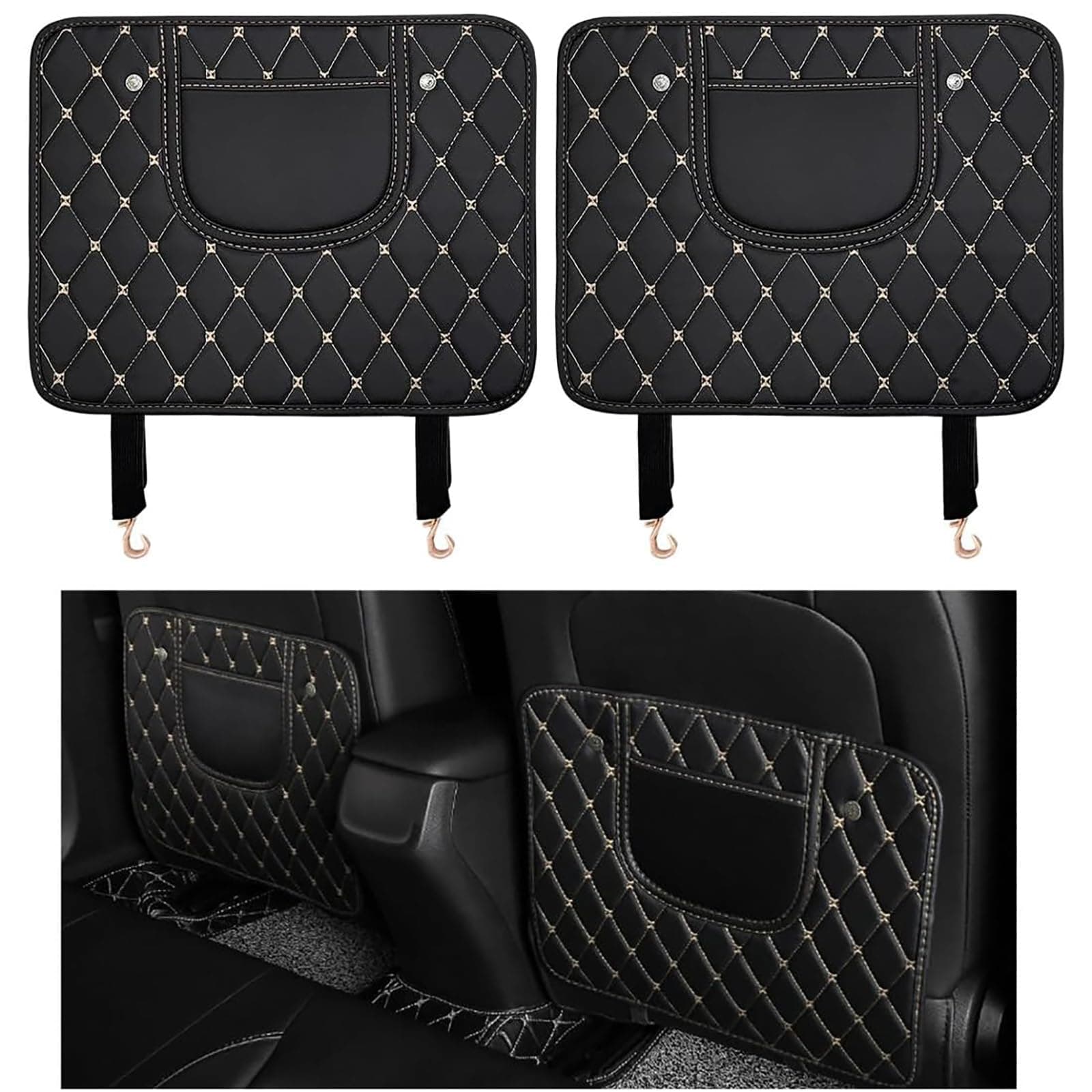 2 PCS Car Kick Mats for Benz A G500 ML EQA E43 CLA CLA45, Leather Back Seat Protector Mat Prevent Dirt Mud and Scratch Anti-Kick Mat Pad with Storage Bag Interior Accessories,Black-Beige