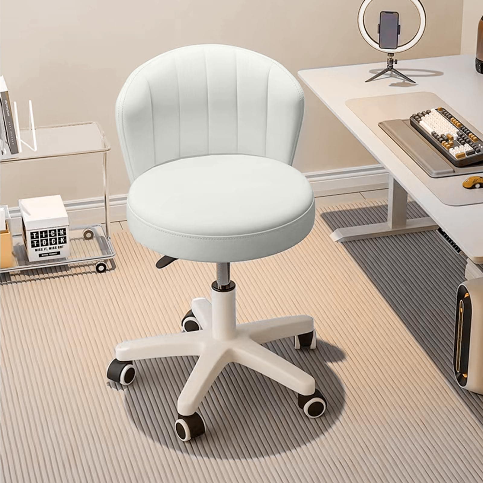 HDHNBA Small Desk Chair Round Rolling Chair with Back PU Leather Height Adjustable Swivel Vanity Work Computer Stool Chair for Home Office Bedroom