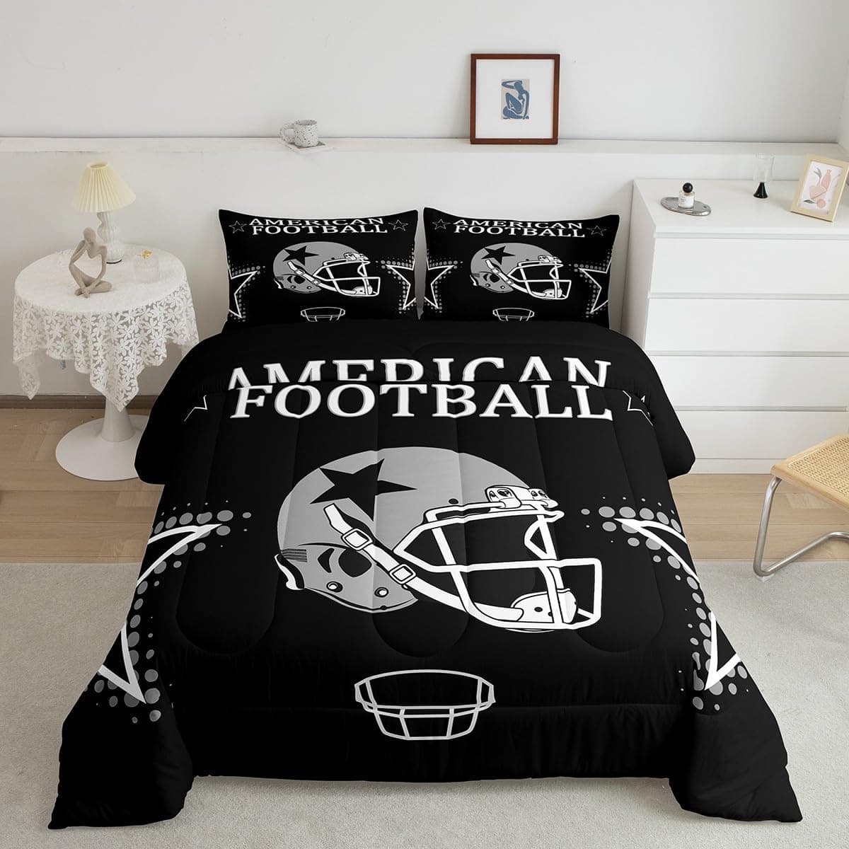 American Football Comforter Set Twin Size,Black Grey White Star Helmet Print Bedding Set for Kids Boys Teens Men Room Decor,Ball Sports Theme Quilt Set Modern Chic Duvet Insert,1 Pillowcase
