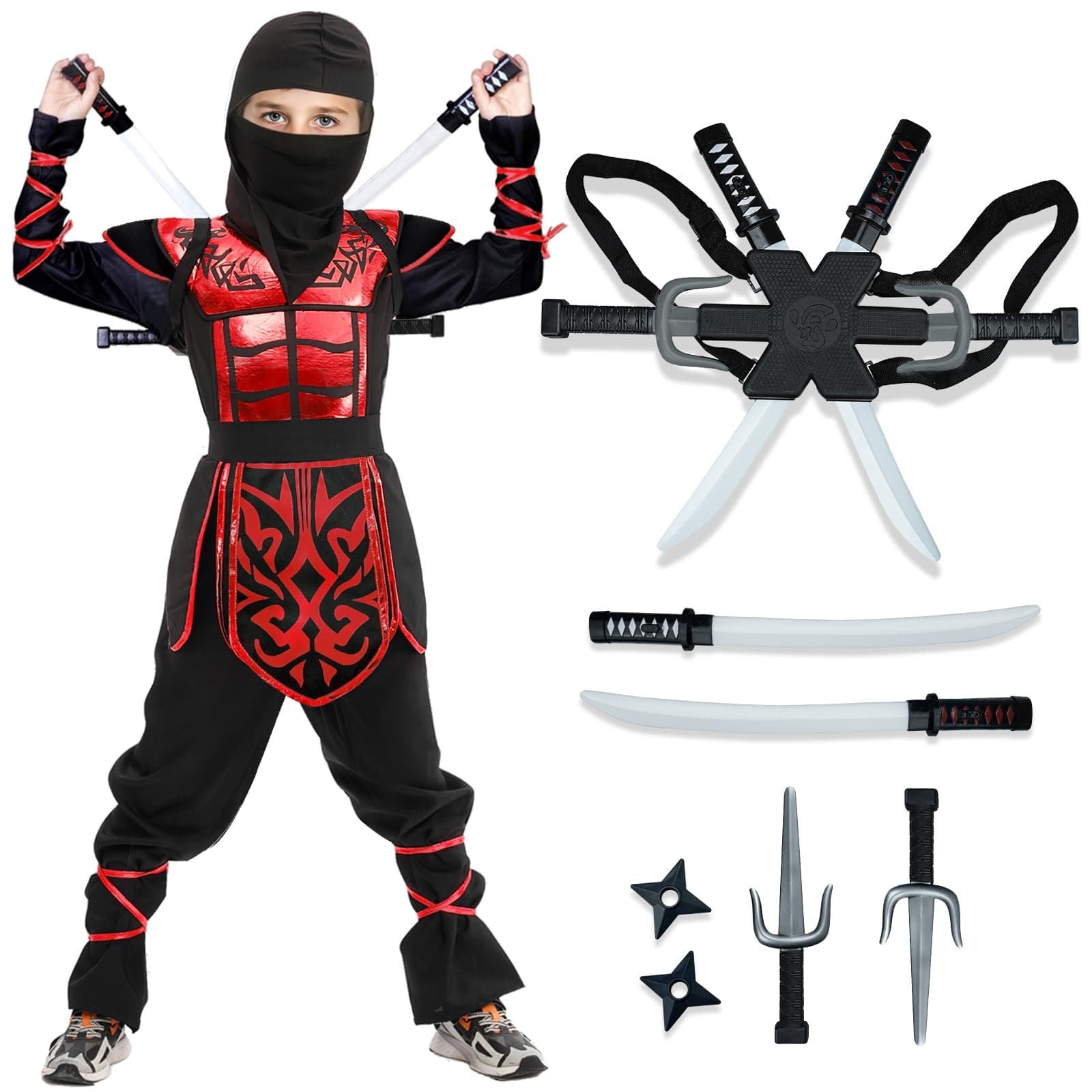 Kids Halloween Ninja Costume for Boys,Red Ninja Costume Set with Toys,Halloween Cosplay Party Costumes for Kids 4-12T