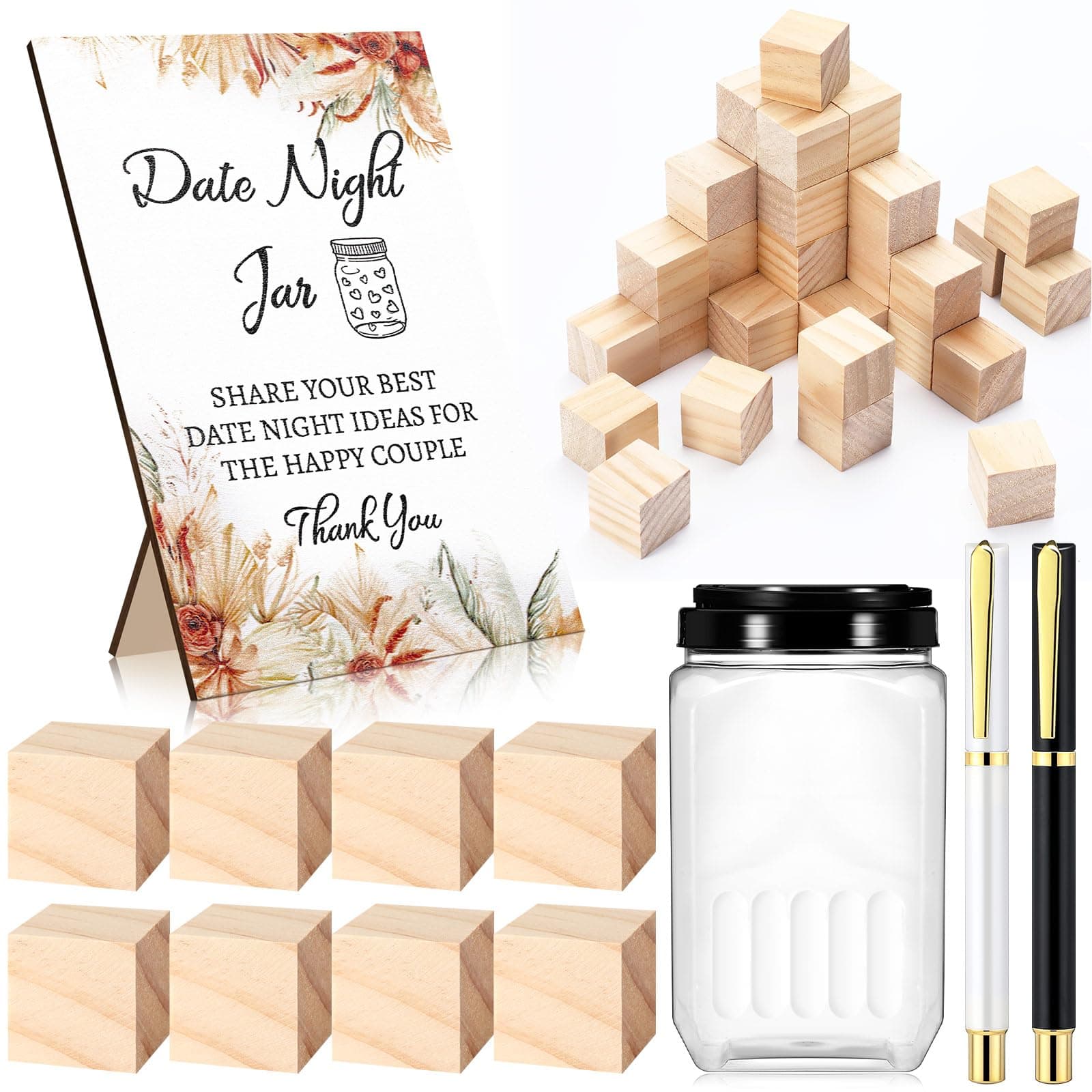 Lineshading Wooden Wedding Game Sign Bridal Shower Games Date Night Game Wishes Advice Sign 50 Wooden Block with 2 Pens 1 Game Sign 1 Date Night Jar for Couples Guests Wedding Bridal Shower (Cute)