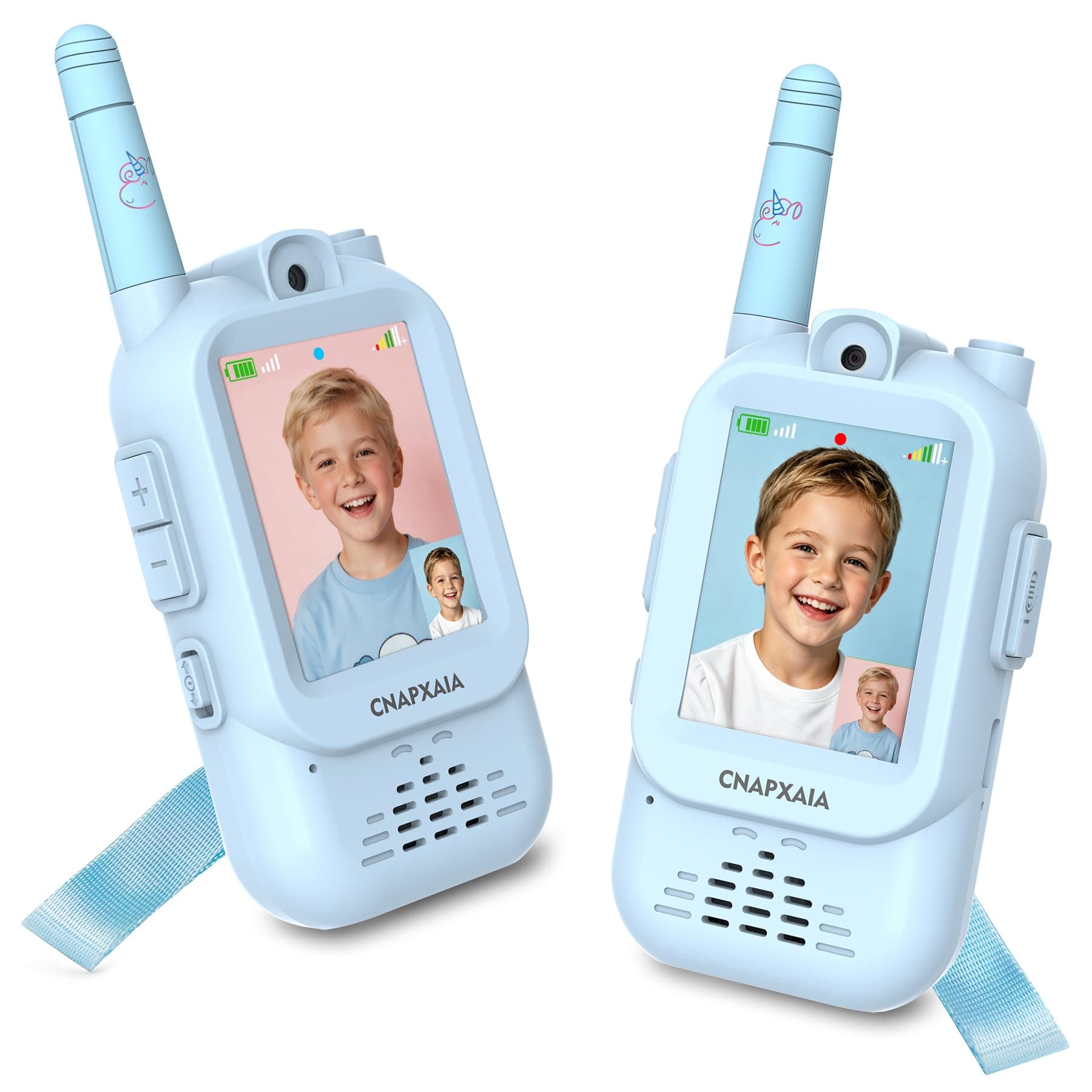 Kids Video Walkie Talkie 2 Pack, Rechargeable Real-Time Video Chat Toy with Camera, Emoji & Voice Change, Auto Pairing No Internet, Outdoor Adventure Communication Toy for Boys (Blue/Blue)