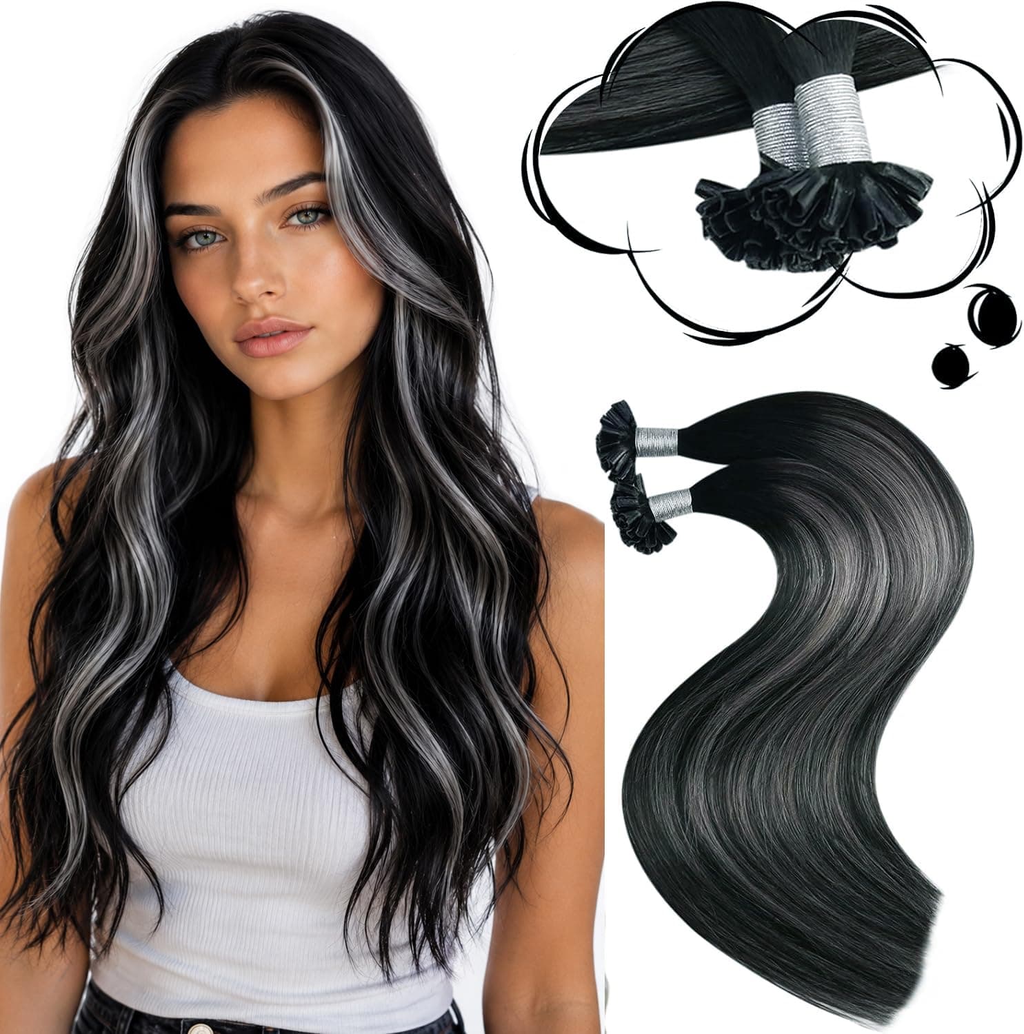 Moresoo K Tip Hair Extensions Real Human Hair, U Tip Hair Extensions for Women, Balayage Black with Silver 50 Strands 50 G 18 inch, Remy Keratin Bond, Hot Fusion, Soft Straight Salon Quality,