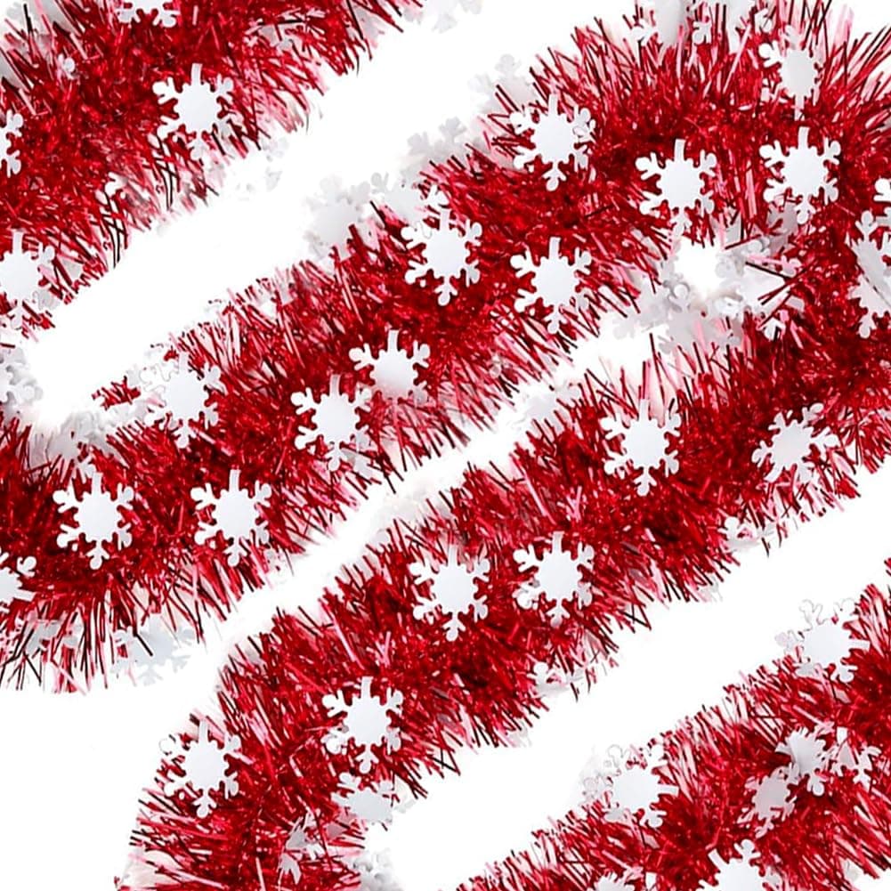 Psoeksdo 66Ft Christmas Red Tinsel Garland Xmas Tree Decorations Shiny Thick Red with Snowflake Metallic Twist Garland Ceiling Hanging Decor for New Year Party Holiday Indoor Outdoor Supplies