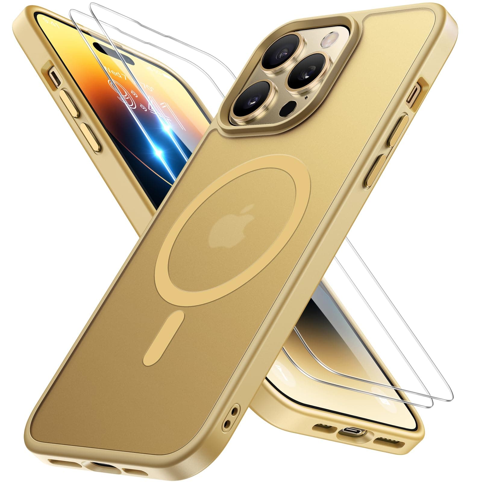 Miracase Magnetic for iPhone 14 Pro Case 6.1 inch (Compatible with MagSafe)（with 2X Screen Protectors） Military-Grade Protection, Anti-Fingerprint Translucent Matte Phone Case Cover, Light Yellow