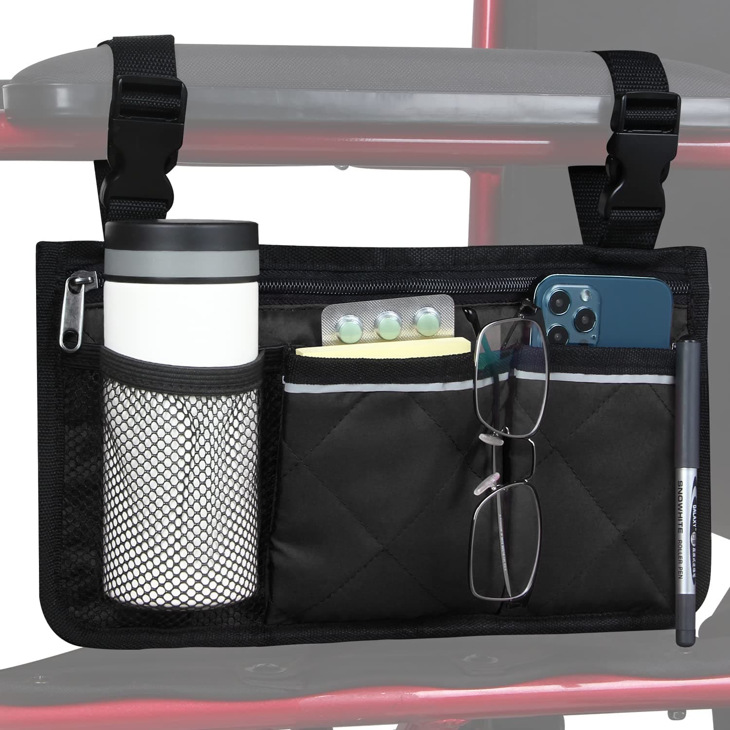 Wheelchair Side Bag, Wheelchair Armrest Storage Pouch with Cup Holder and Reflective Strip for Wheelchairs, Walkers or Rollators (Black)