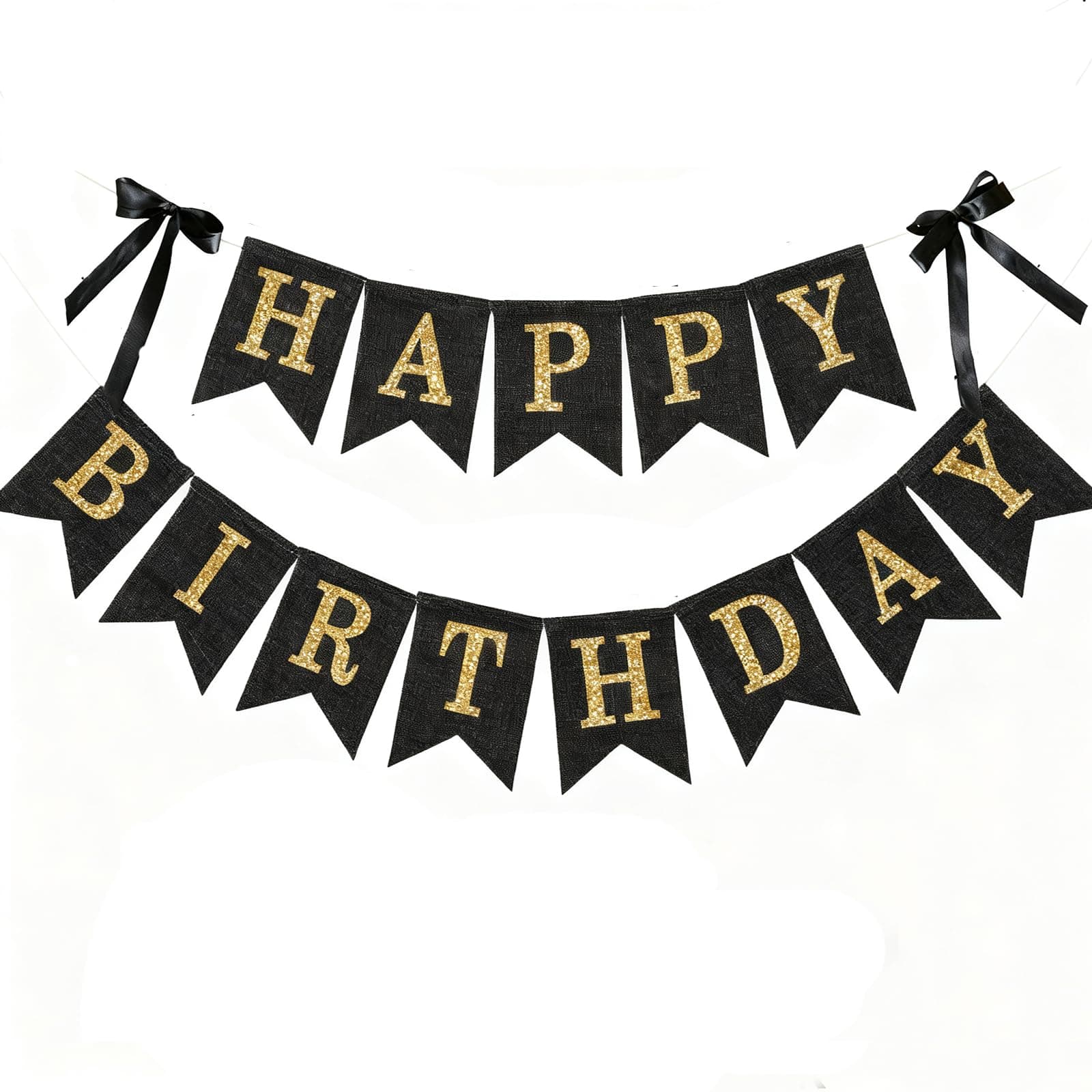 Burlap Happy Birthday Banner Black Gold,Rustic Happy Birthday Party Decorations Black Gold Theme, with Glitter Gold Letters,9.8 ft Burlap Bunting, Pre-Assembled