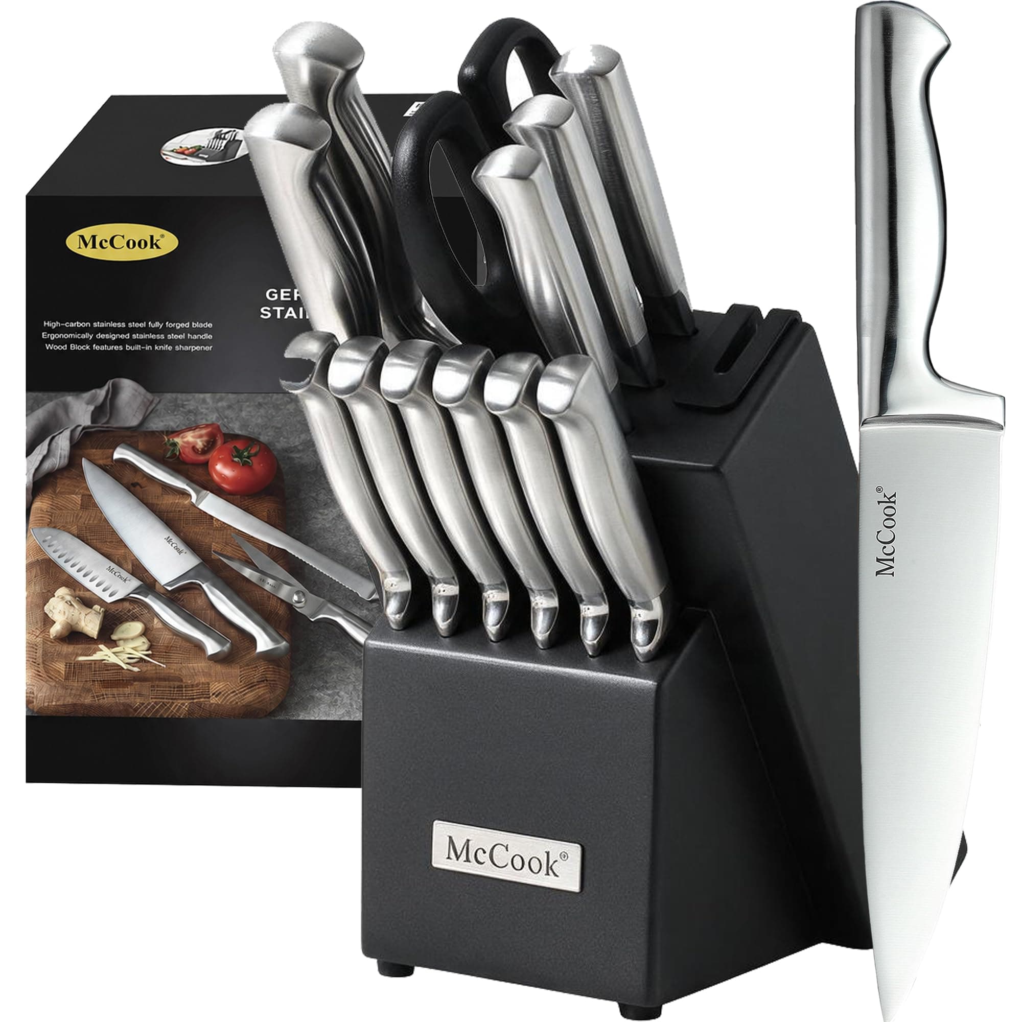 McCook MC21 14 Pieces FDA Certified Stainless Steel Hollow Handle Kitchen Knife Set in Hard Wood Block with Built-in Sharpener(Stainless Steel)