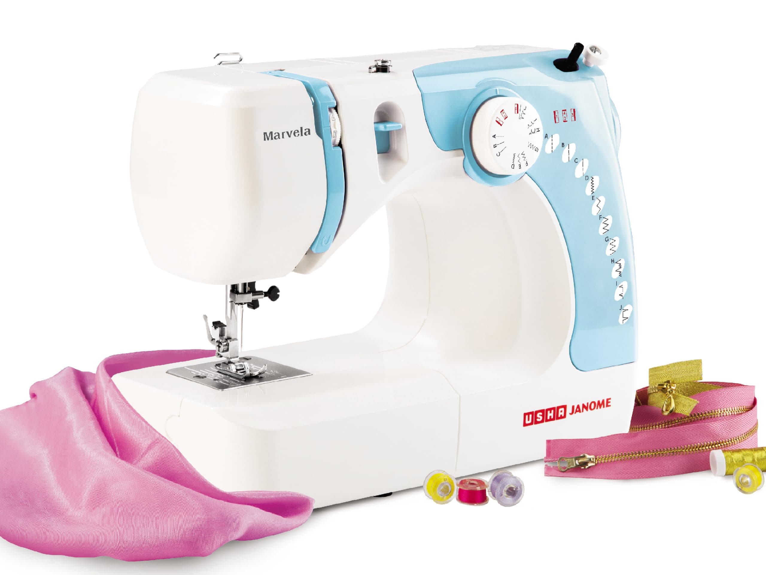 Usha Janome Marvela Blue Automatic Zig-Zag Electric Sewing Machine With Free Sewing Kit | Sewing Light | 7 Built-In-Stitches | 14 Stitch Functions | 2 Year Warranty | Blue & White