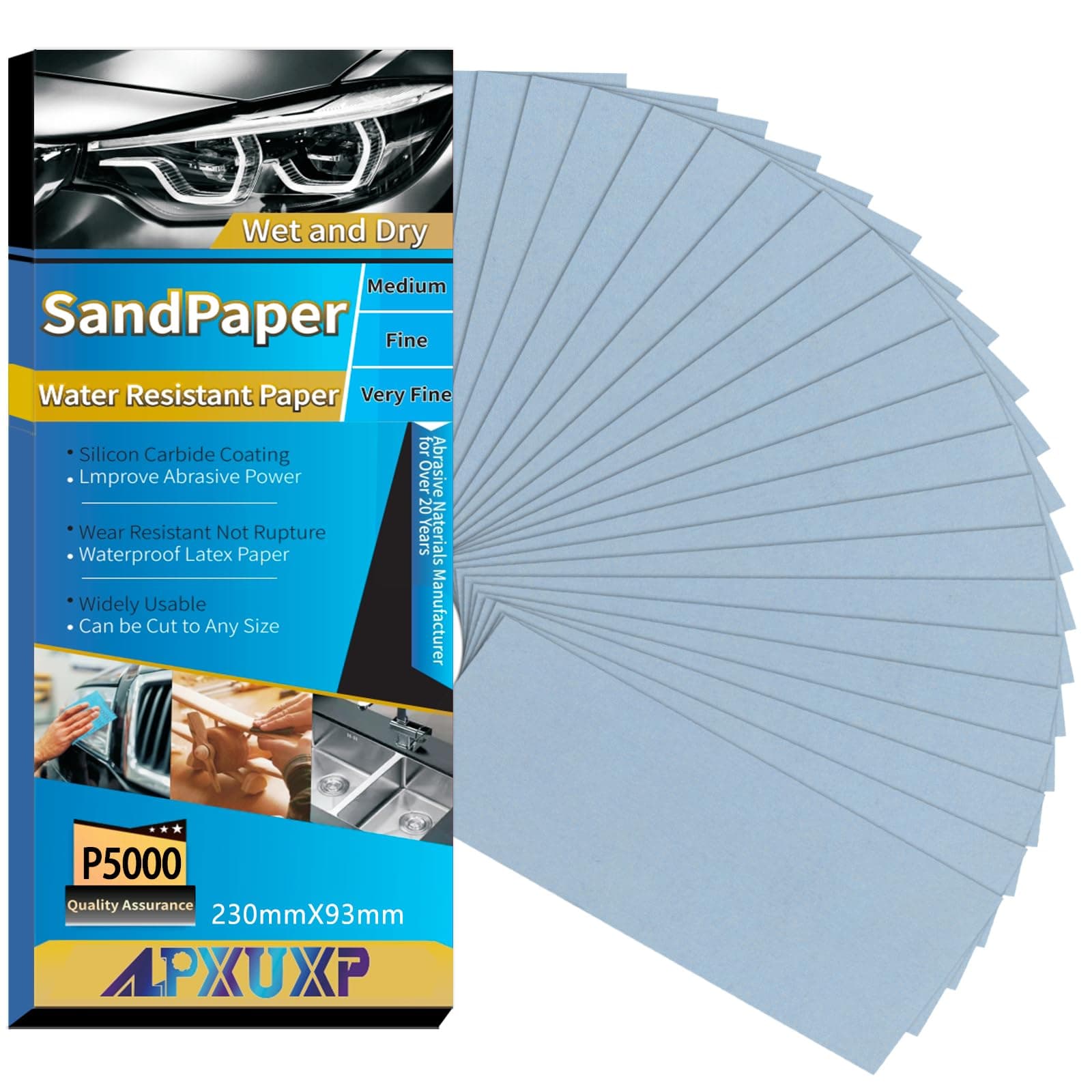 ALPXUXP Wet Dry Sandpaper 5000 Grit Waterproof Sand Paper Sheets 9x3.6 Inch Sanding Paper for Wood Metal Automotive Polishing（20Pcs）