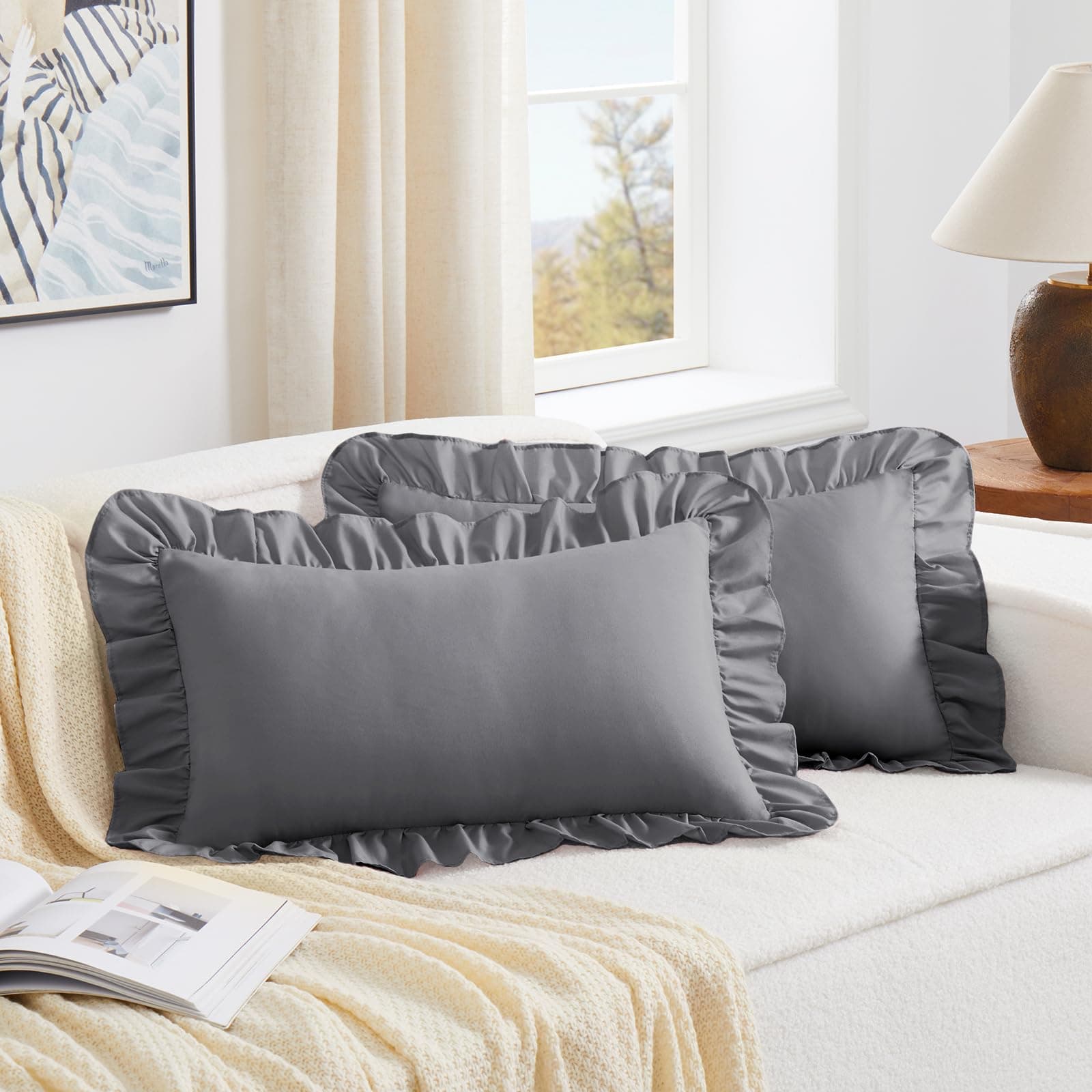 KKJIAF Grey Lumbar Pillow Covers 12x20 Inch Set of 2, Microfiber Ruffled Pillow Shams, Ruffle Sham Pillow Covers Lumbar Pillow Case for Couch Bed Livingroom