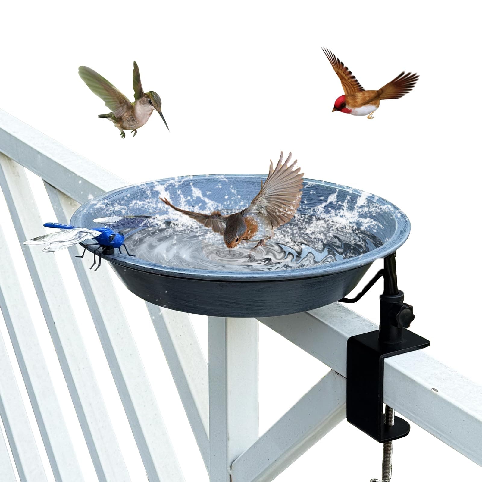 FKKsparkler Deck Mounted Birdbath for Deck Railing Metal Bird Bath with Adjustable Sturdy Metal Clamp Bowl Birdbaths for Outdoor Garden Balcony Patio Deck in Gray Color