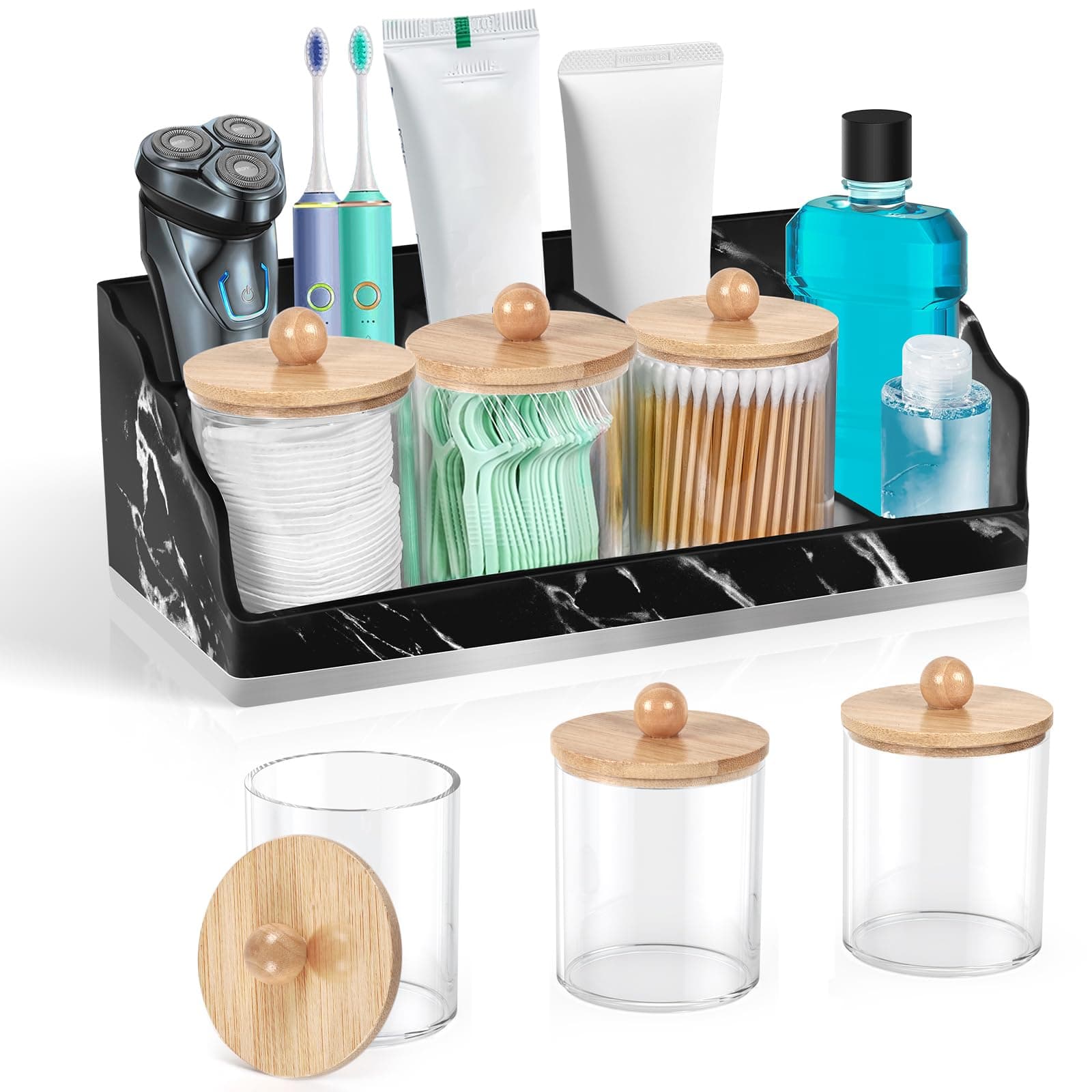 TuCao Marble Bathroom Countertop Organizer, Toothbrush Holders for Bathroom with 3PCS Qtip Holder Dispenser and Toothpaste Holder Drainage for Bathroom Accessories Organization Counter Vanity Storage