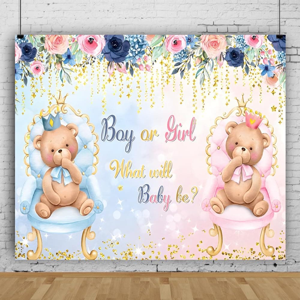 Gender Reveal Backdrop Boy or Girl Bear Gender Reveal Party Decorations 10x8ft Pink Or Blue Baby Shower Photography Background Cake Table Banner Studio Photo Booth Props