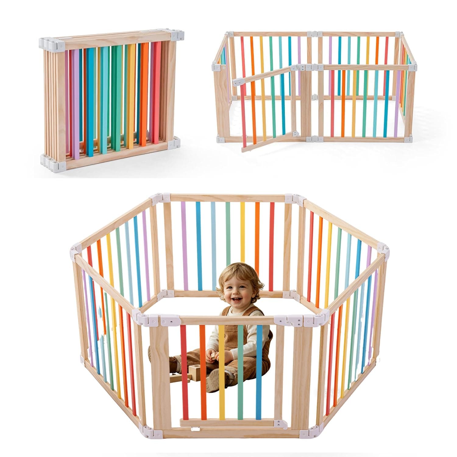 Gewitt Foldable Wooden Playpen, Large Baby Wood Playpen with Locking Gate for Babies and Toddler 1-3 Year, Portable Play Yard for Activity Center Indoor Outdoor (Multicolor, 6 Panel)