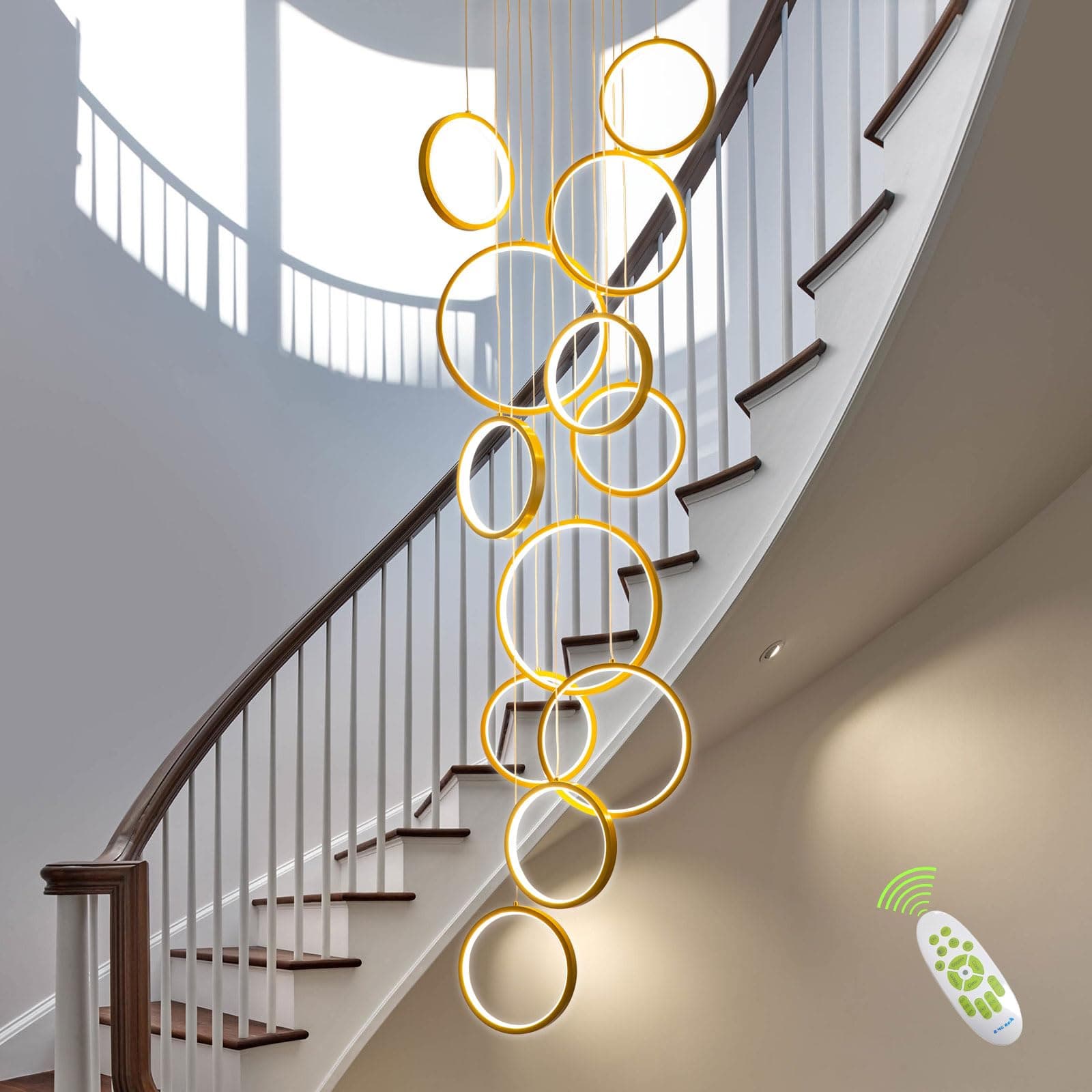 Gold High Ceiling Chandelier Modern Chandelier Foyer Chandeliers Entryway Staircase Chandelier for High Ceilings Hanging 12 Ring Long Led Chandelier Dimmable with Remote Controller