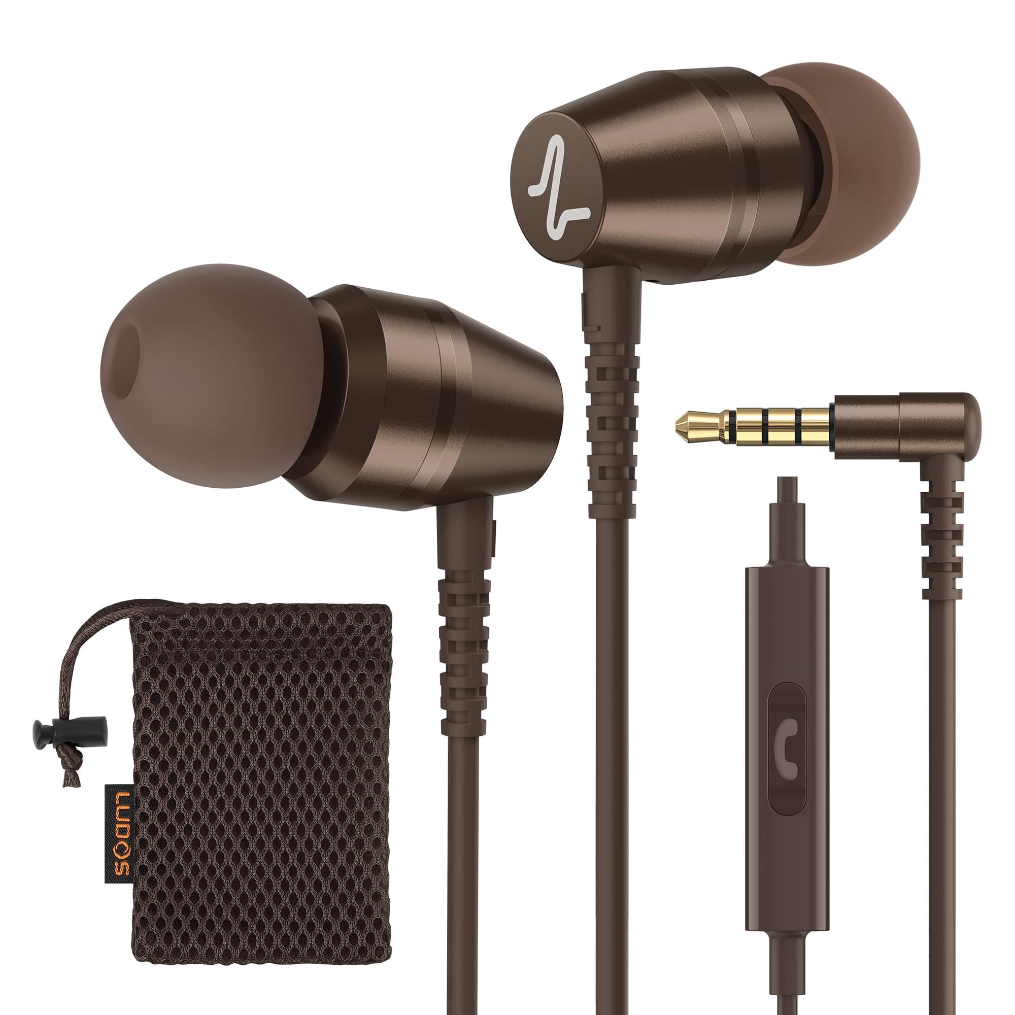 LUDOS OMNITONE Wired Earbuds in-Ear Headphones, Earphones with Microphone, 5 Years Warranty, Noise Isolation Corded for 3.5mm Jack Ear Buds for iPhone, iPad, Samsung, Laptop, Gaming, Sports - Brown
