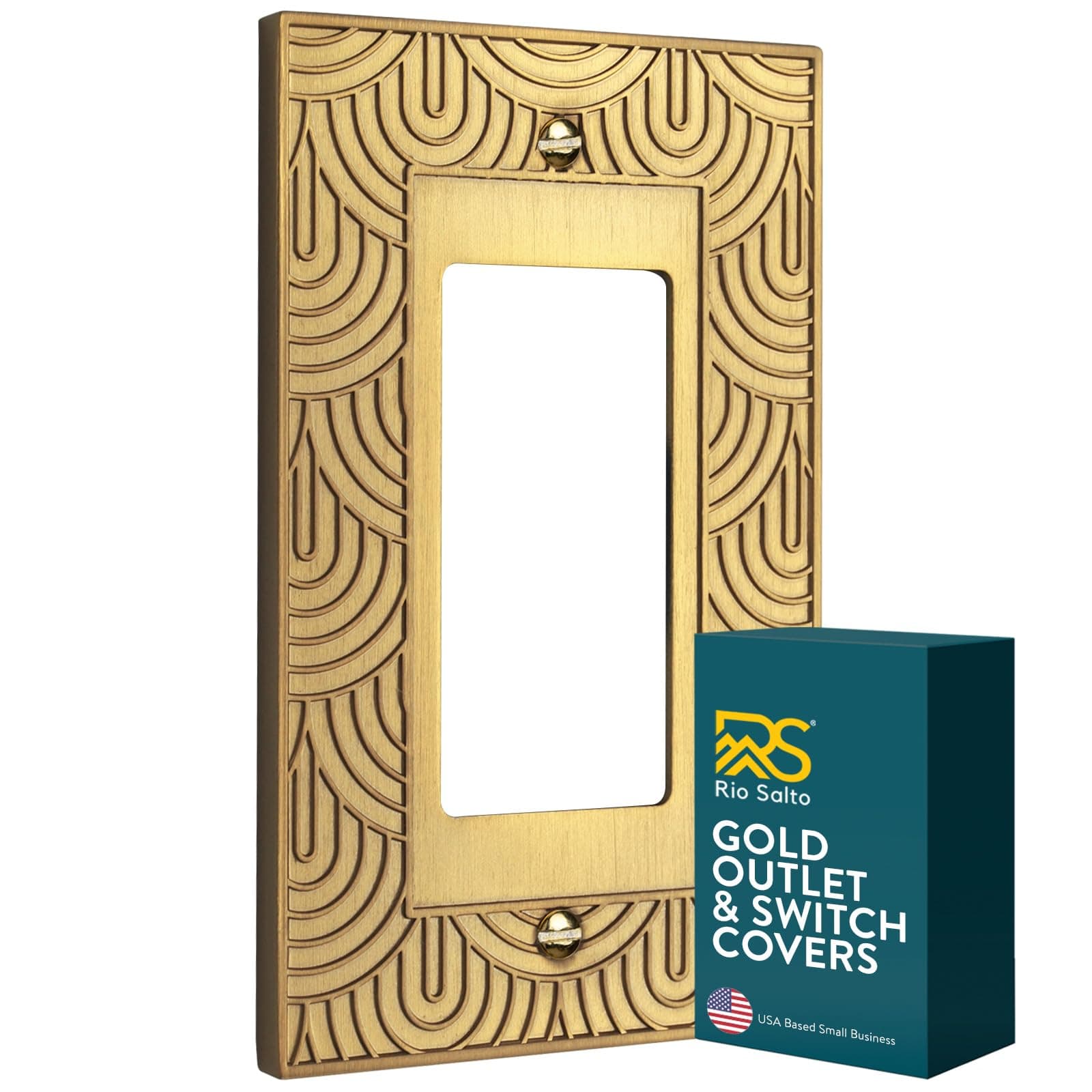 Rio Salto Gold Decorative Light Switch Cover Plate Outlet Covers Rocker Decorator GFCI Metal Wall Plates 1 Gang — Gatsby Collection, Midsize 5.00" × 3.13"