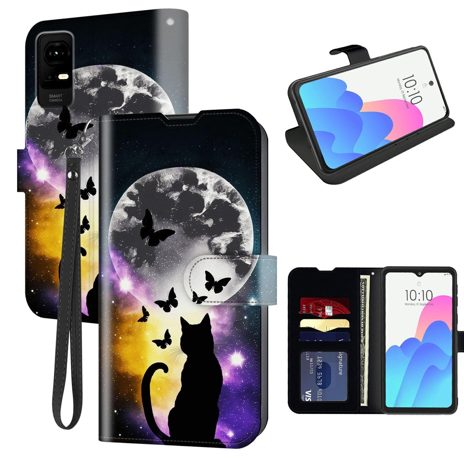 FUYOCWE for TCL ION X Case Wallet for TCL ION V/ION X Phone Case with Card Holder Slot(2023-6.0"),PU Leather Flip Cover w/Kickstand+RFID Blocking+Magnetic Snap-Black Cat Moon