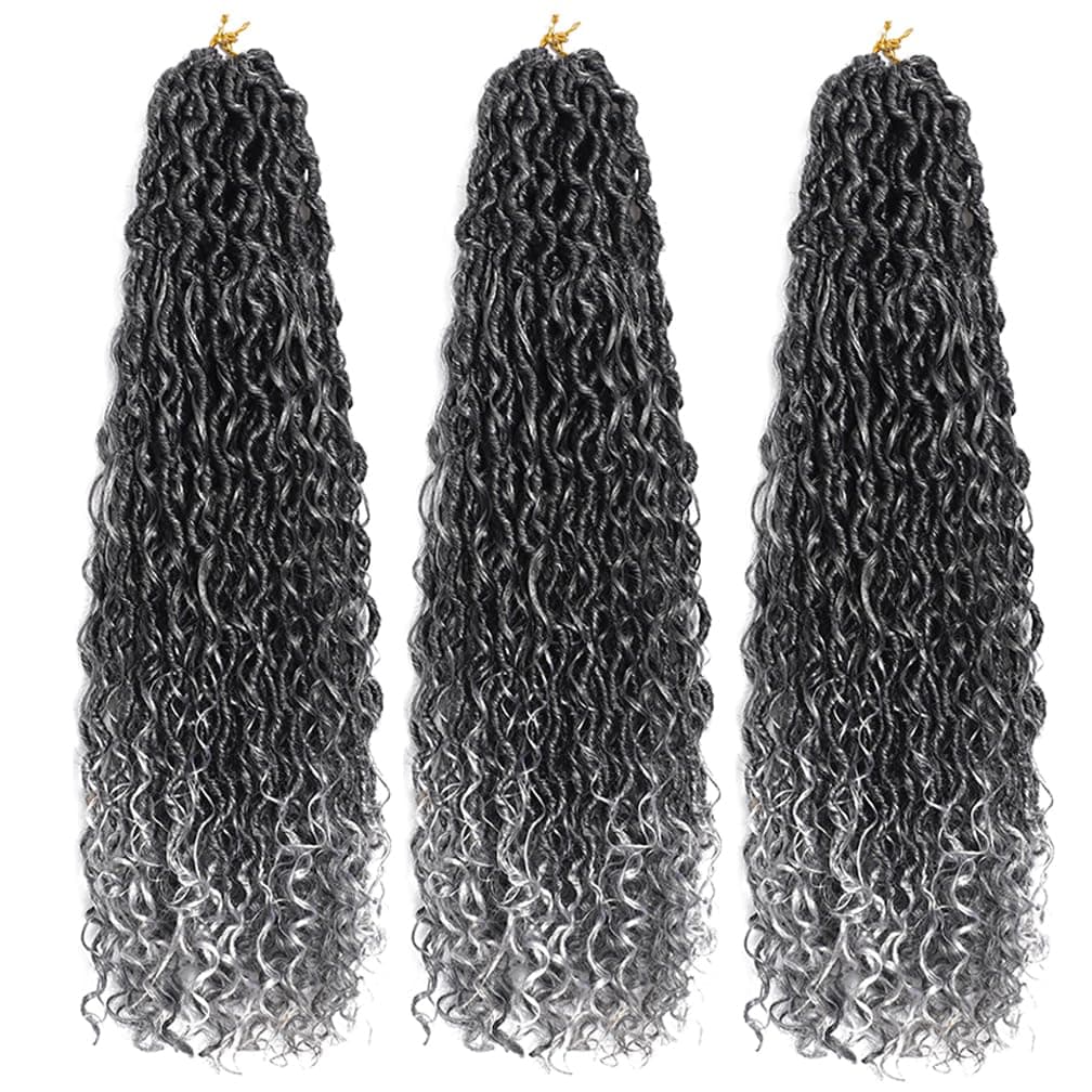 BALINGHAIR Goddess Locs Crochet Hair Ombre Black to Gray 22 Inch 3 Packs Bohemian Faux Locs Crochet Hair With Curly Ends Pre Looped Hair Extensions 16 Roots/Pack(1B/Gray)