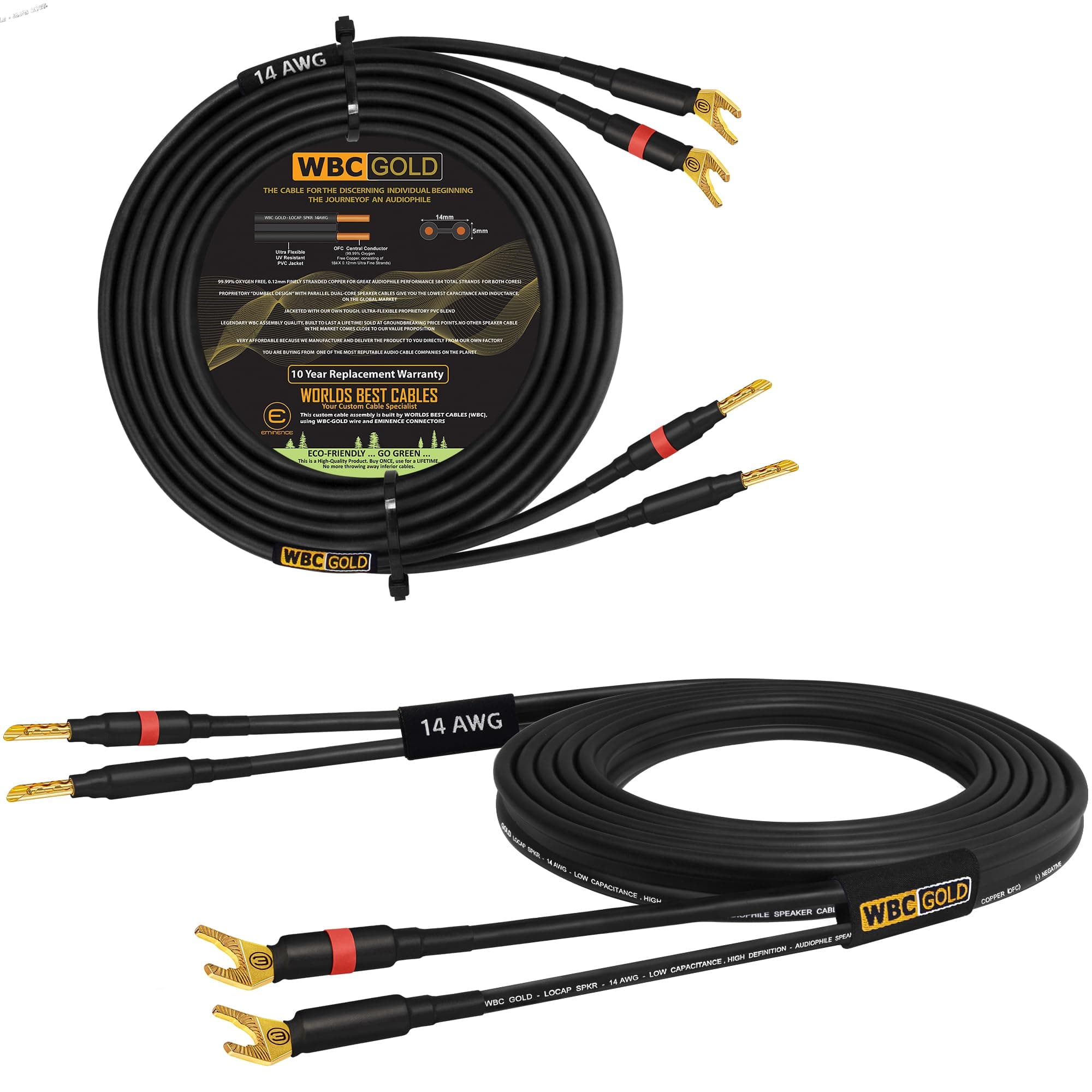 WORLDS BEST CABLES 30 Foot WBC-GOLD-LOCAP-SPKR-14 AWG - Low-Capacitance - Low-Inductance - High Purity OFC - Audiophile HiFi Speaker Cable Pair with Eminence Gold Banana (x2) & Spade (x2) Plugs