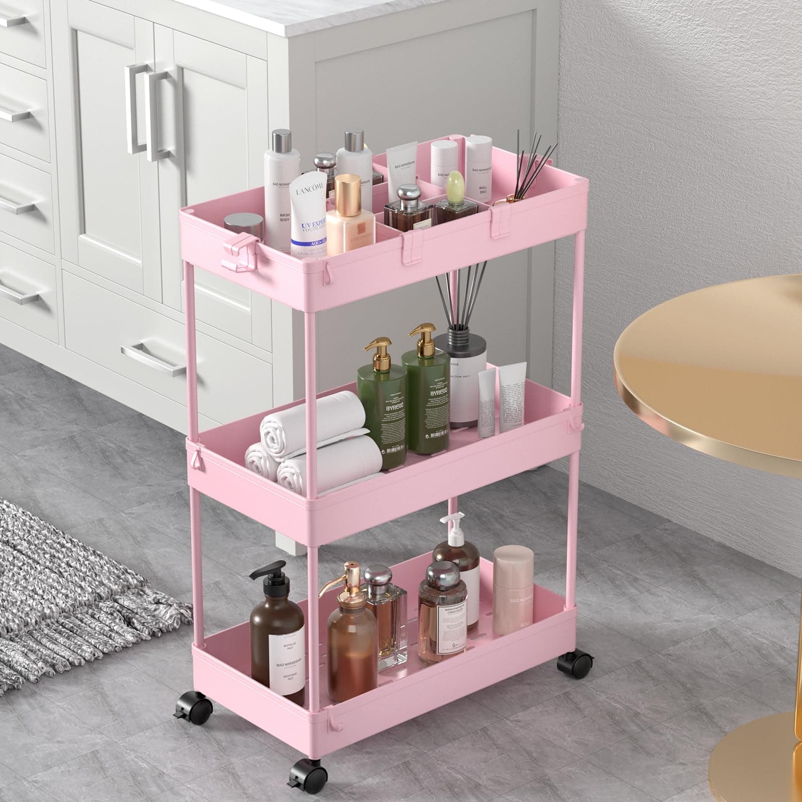 SPACELEAD Slim Storage Cart,3 Tier Bathroom Rolling Organizer Slide Out Mobile Shelving Unit Trolley for Office Kitchen Laundry Room Narrow Places, Pink
