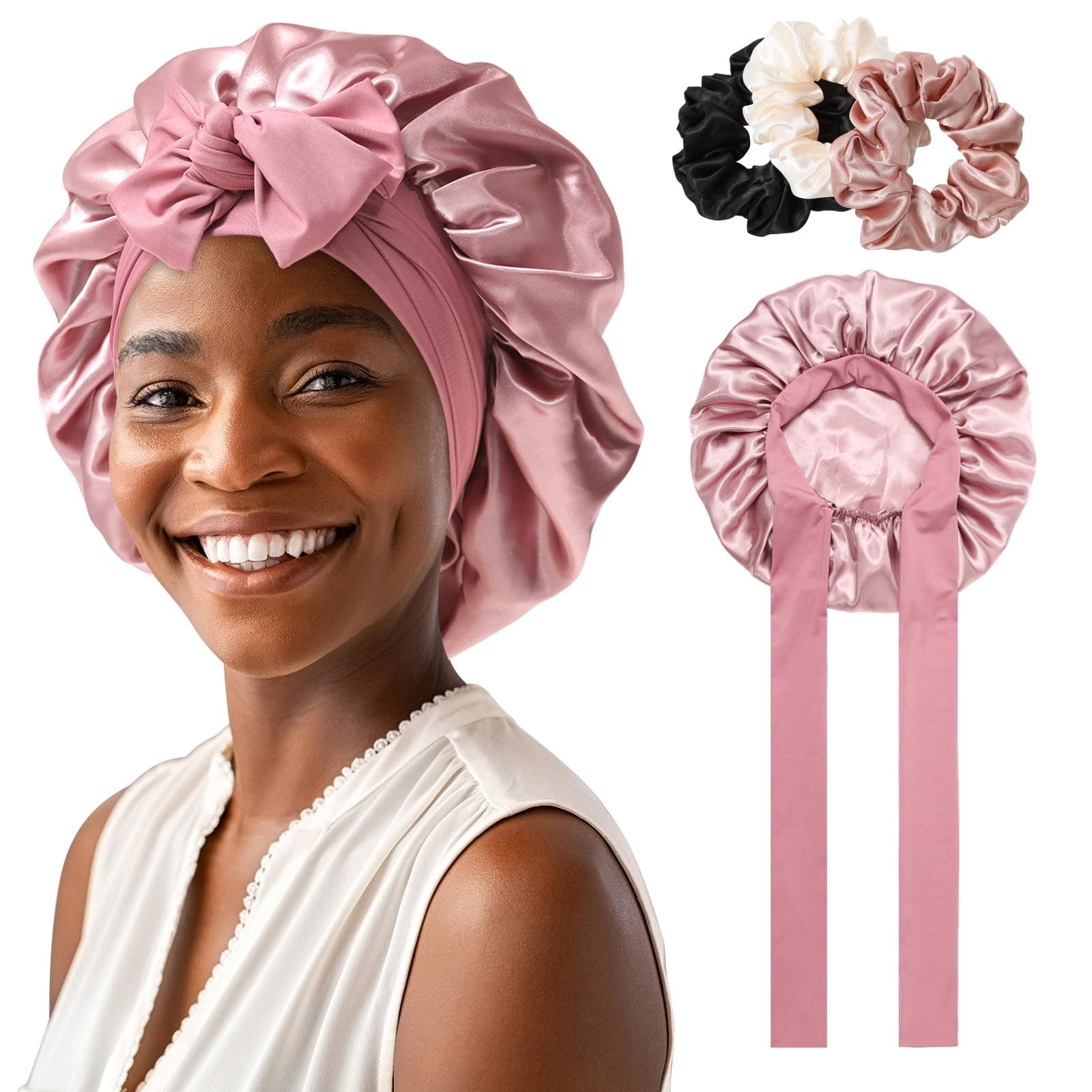 AWAYTR 2-Layer Satin Hair Bonnet, Tie Band Sleep Cap for Women