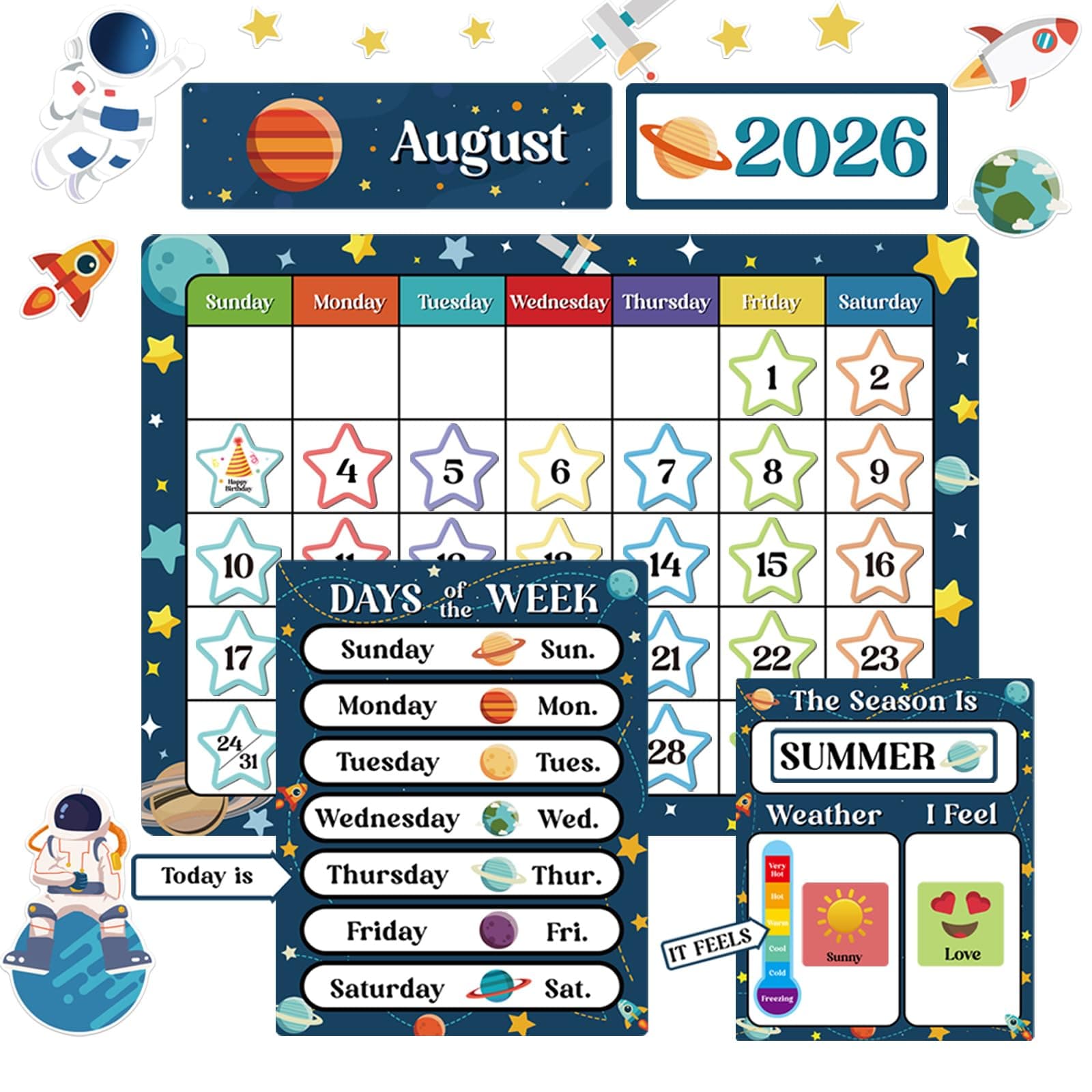 122pcs Outer Space Classroom Calendar Bulletin Board Set with Seasons Weather Festivals School Year Calendar for Back to School Elementary Classroom Must Haves Decorations