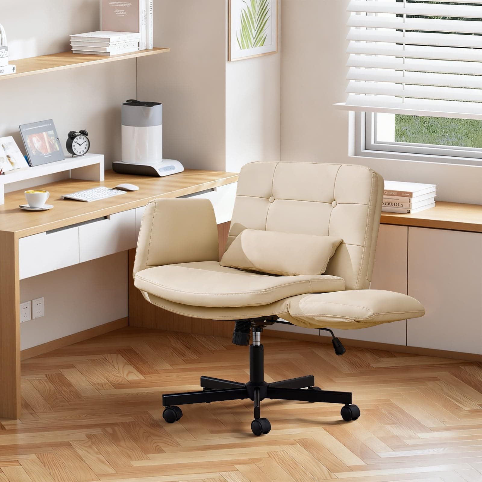 TUNYI Criss Cross Chair with Flip-Up Armrests Wide Cross Legged Office Chair Swivel Height Adjustable Computer Task Vanity Chair with Pillow/Wheels for Home Office, Dressing Room (Beige)