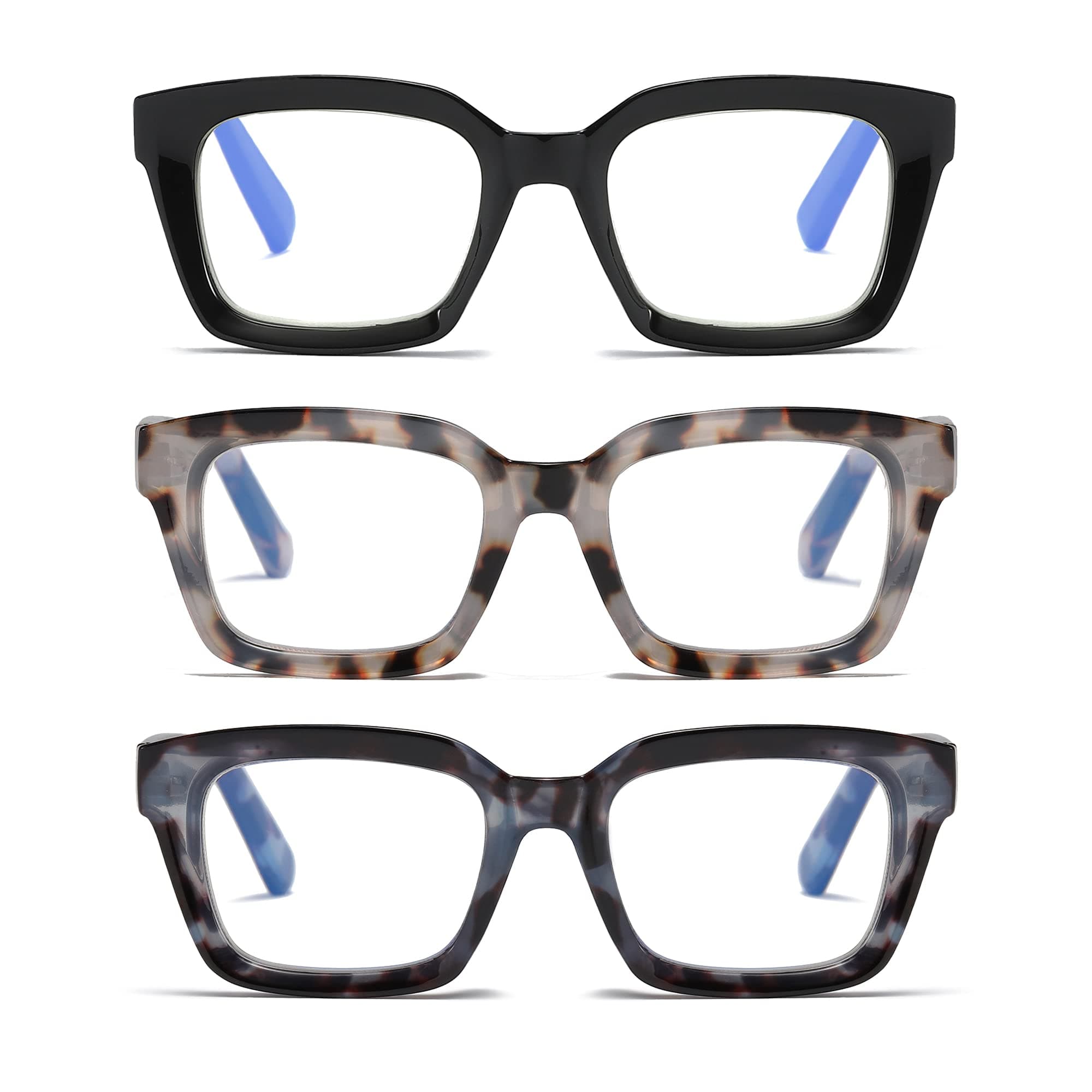 ZXYOO 3 Pack Oversize Square Design Reading Glasses for Women, Blue Light Blocking Computer Reader (Black&Grey Leopard&Blue Leopard, 2.5)