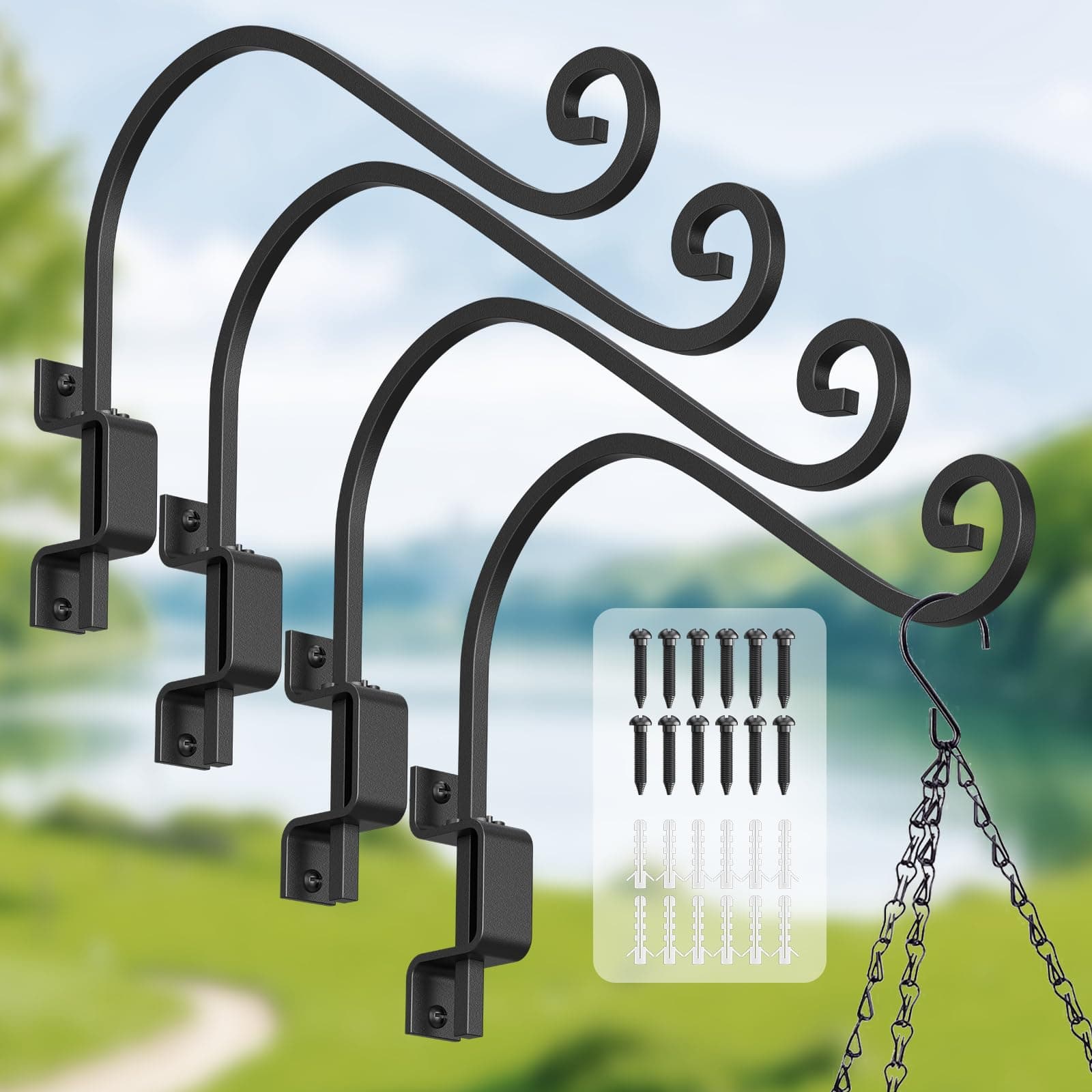 4 Pack Plant Hanger Outdoor: Swivel Bird Feeder Hangers Outdoor & Indoor Wall Mount - 15 Inch Swivel Hanging Plant Bracket Metal Black Plant Hook for Flower, Lantern, Wind Chimes