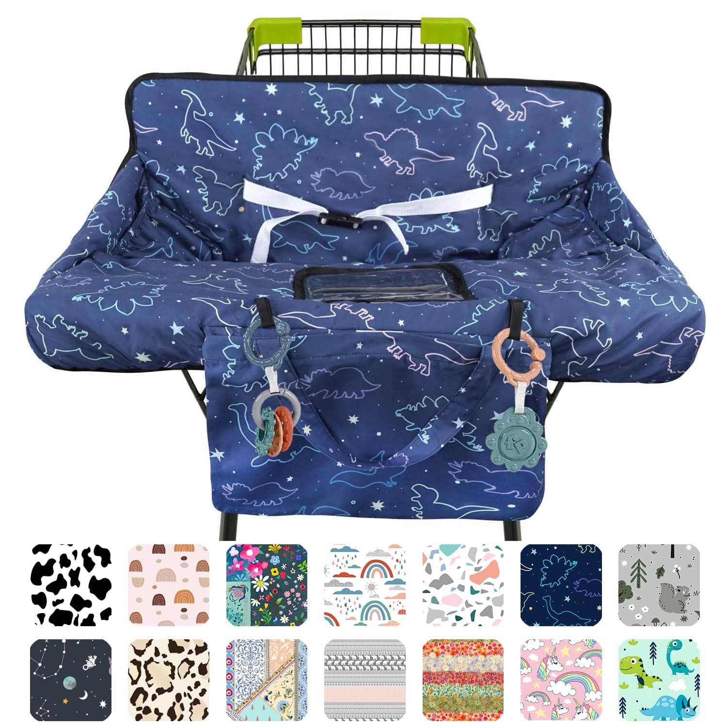Polovillae Shopping Cart Cover for Baby 2-in-1 High Chair Cover with Safety Harness Multifunctional Dark Blue Dinosaur Pattern Cart Covers for Babies Soft Padded Grocery Cart Cover for Baby Boy Girl