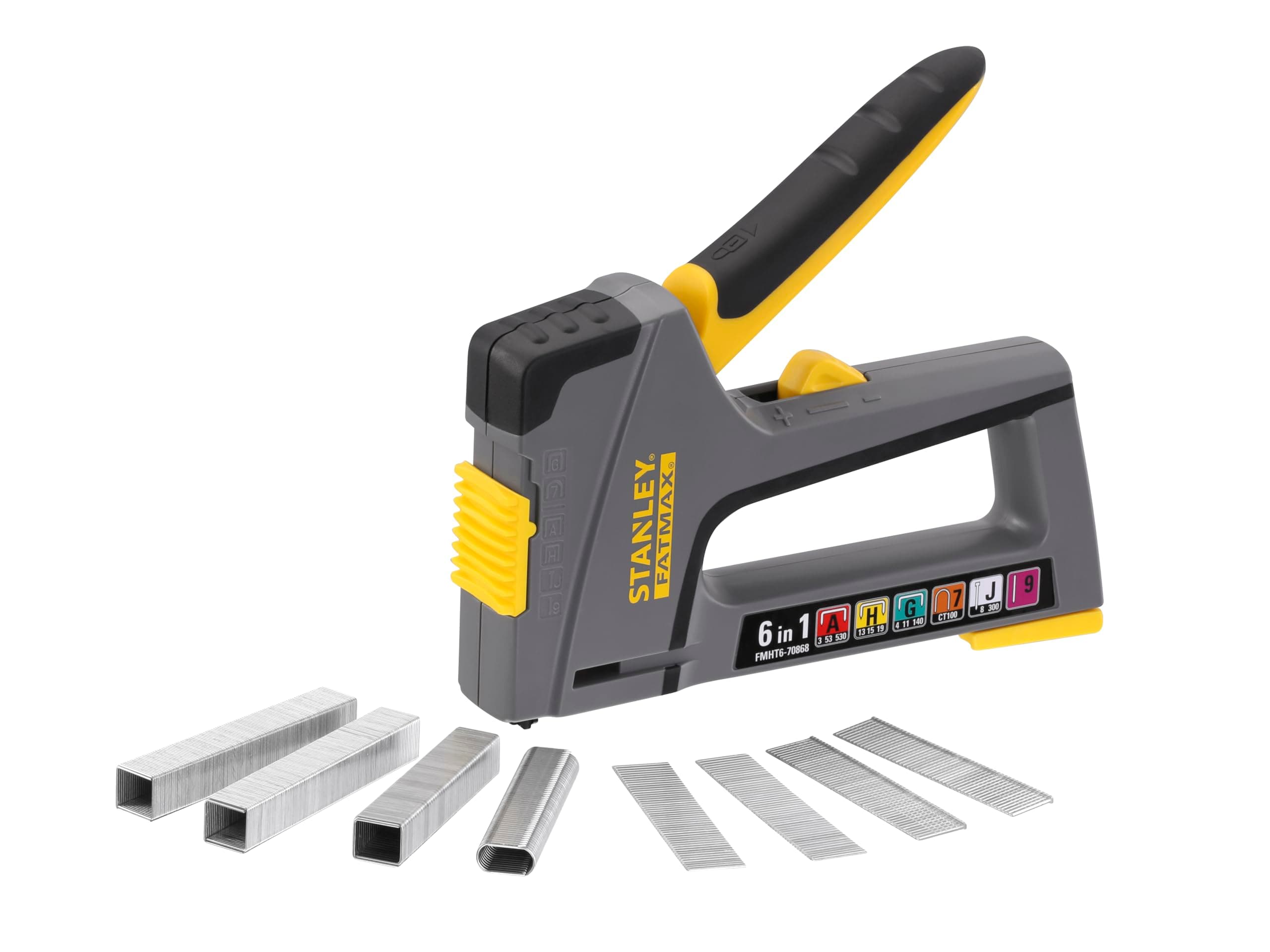 STANLEY FatMax Handtacker Tacker für Holz 6-in-1 TR75 (rückschlagsfrei, Tacker für alle Materialien, verarbeitet sechs verschiedenen Klammer/Nägel/Stifte) FMHT6-70868