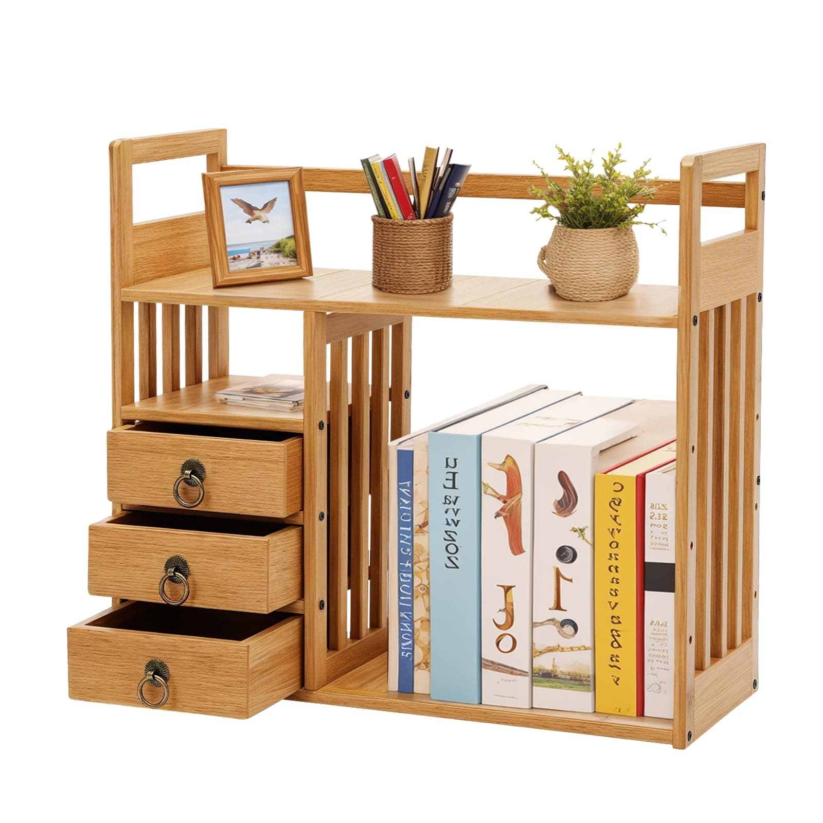FONSOLUM Desktop Bookshelf Table Top Storage Shelf with 3 Drawers, Table Top Bookshelf Organizer Desktop Bookcase Wooden Rectangular Storage Rack for Office/Living Room/Bedroom/Dormitory