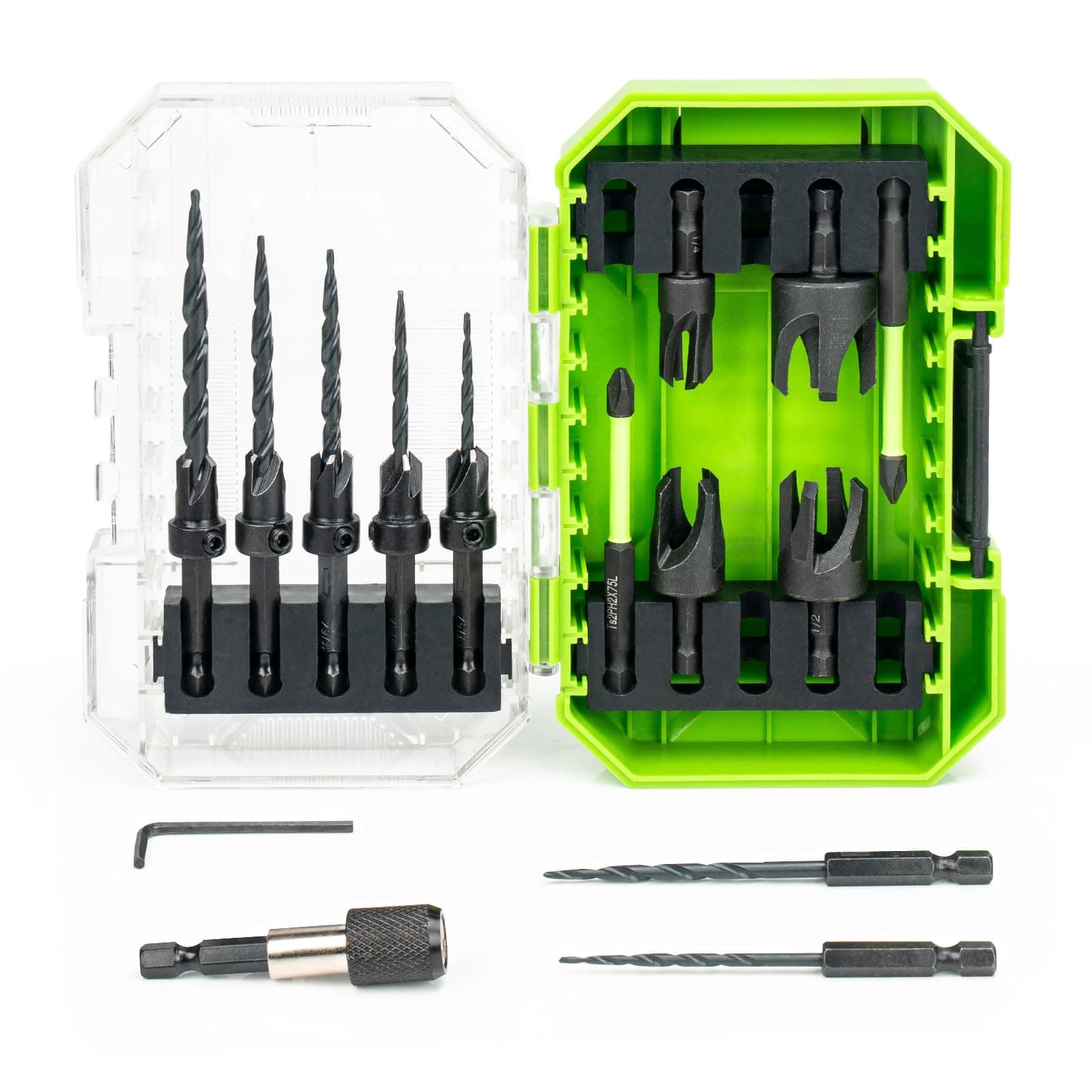 KAKILFOB Countersink Drill Bit Set, 16PCS M2 Cobalt HSS Woodworking Tool Set, Adjustable Depth Tapered Drill Bits with 4 Wood Plug Cutters & 1/4" Hex Shank, Counter Sink Drill Bit for Wood