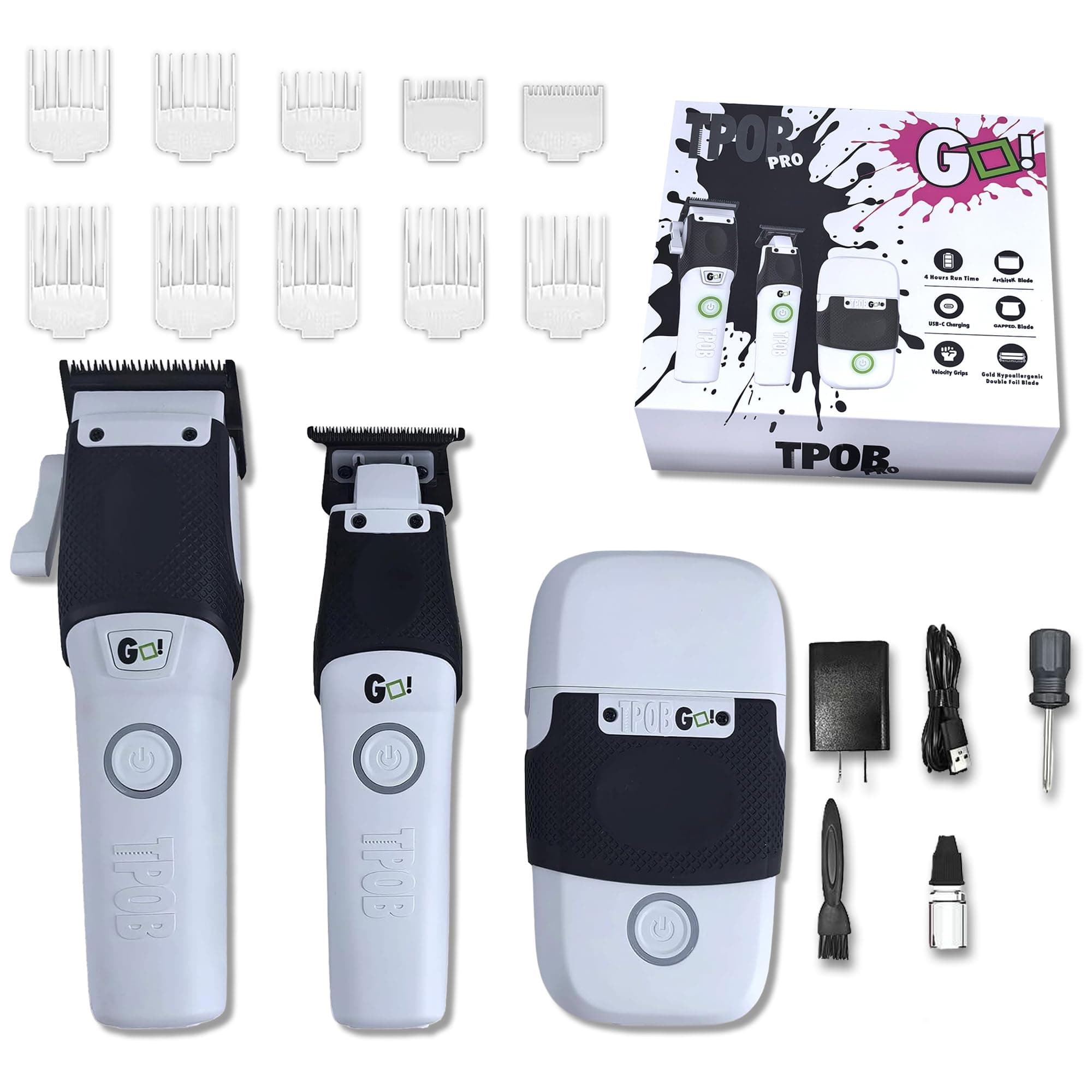 TPOB Professional Barber Clippers Go Edition Clipper Trimmer Shaver Set (White)