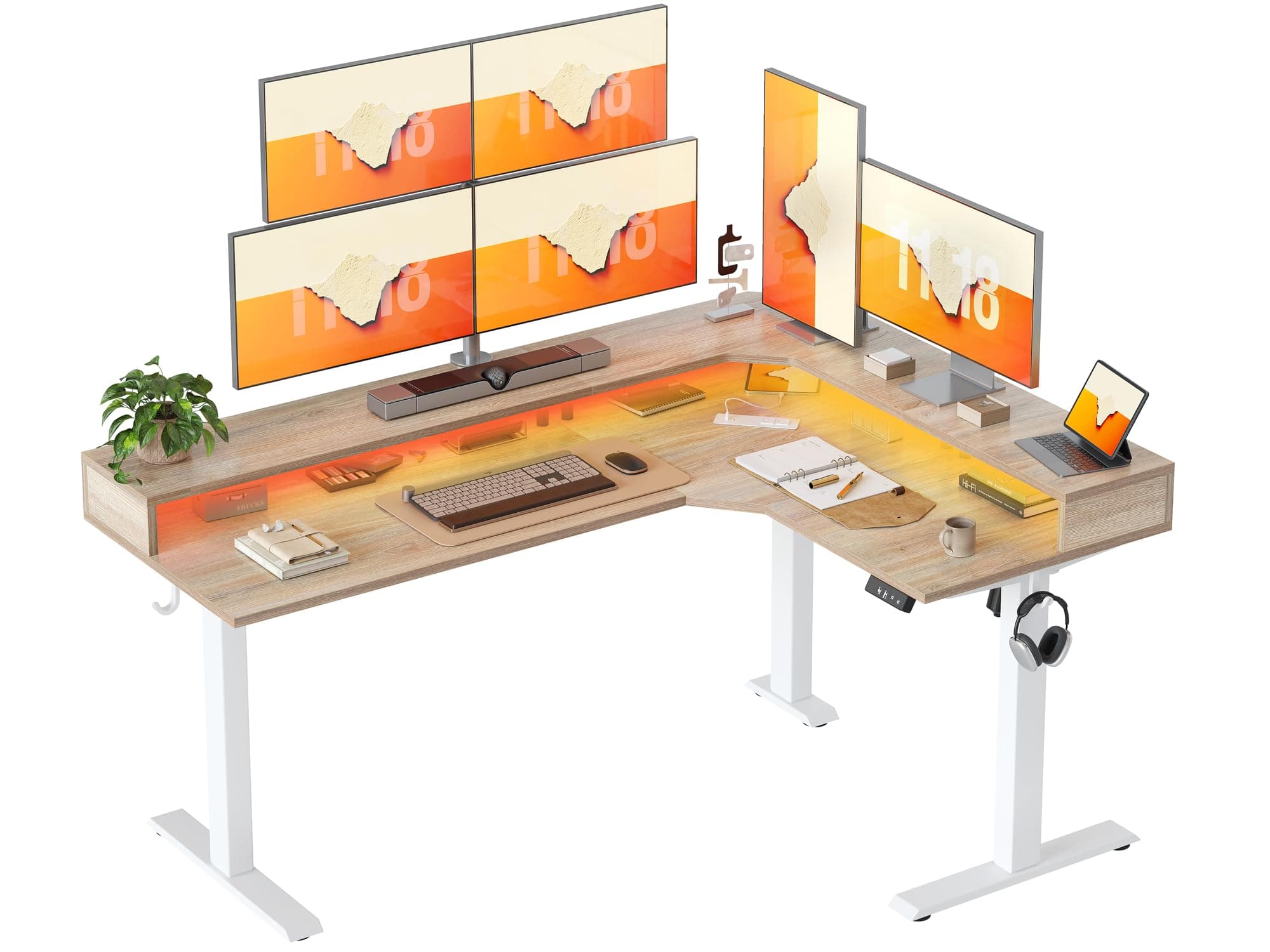 TIQLAB 63'' L-Shaped Standing Desk with LED Light Strip and Power Outlet, Height Adjustable Corner Table with Ergonomic Monitor Stand, Maple