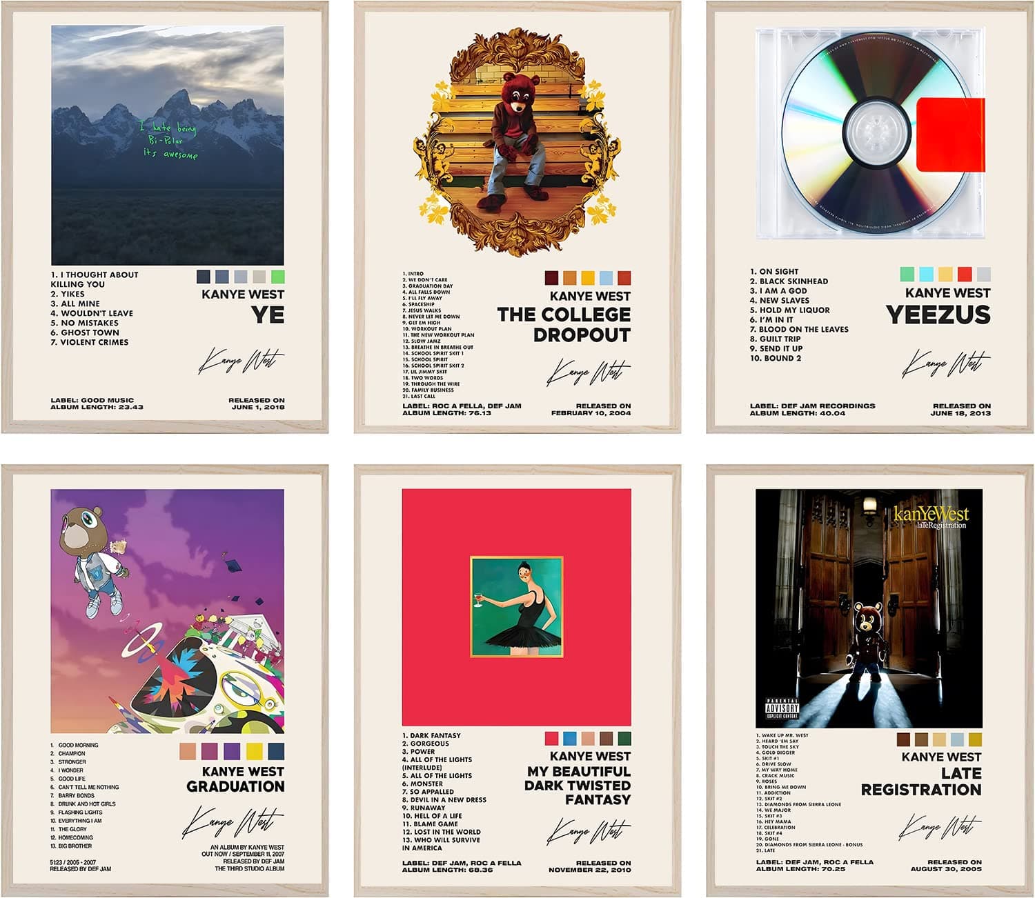 Kanye West Album Cover Signed Limited Posters Print Rapper Music Posters Canvas Wall Art Room Aesthetic Set of 6 for Teen and Girls Dorm Decor 8x10 inch Unframed